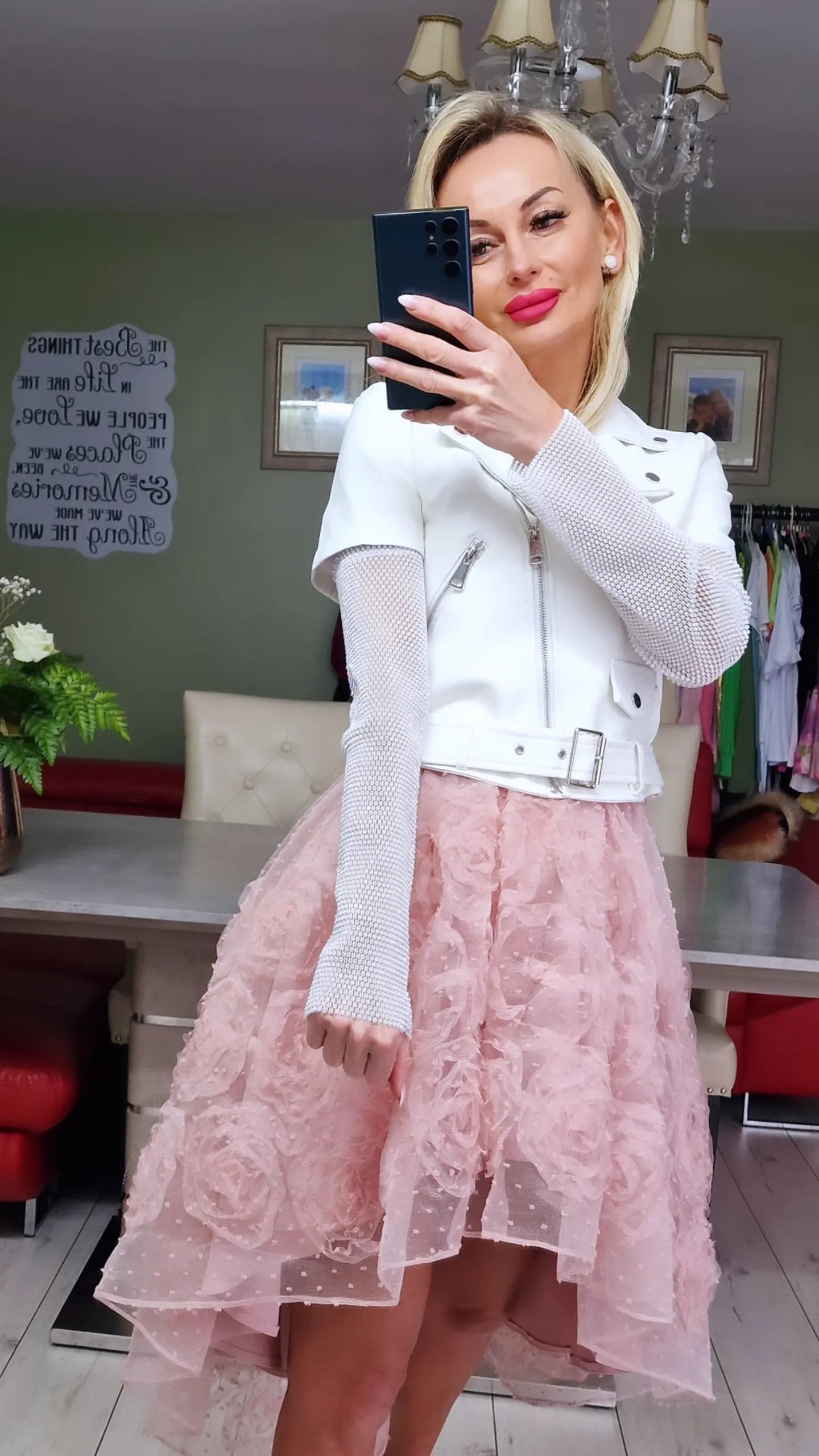 White Eco Leather Jacket With Sparkly Sleeves