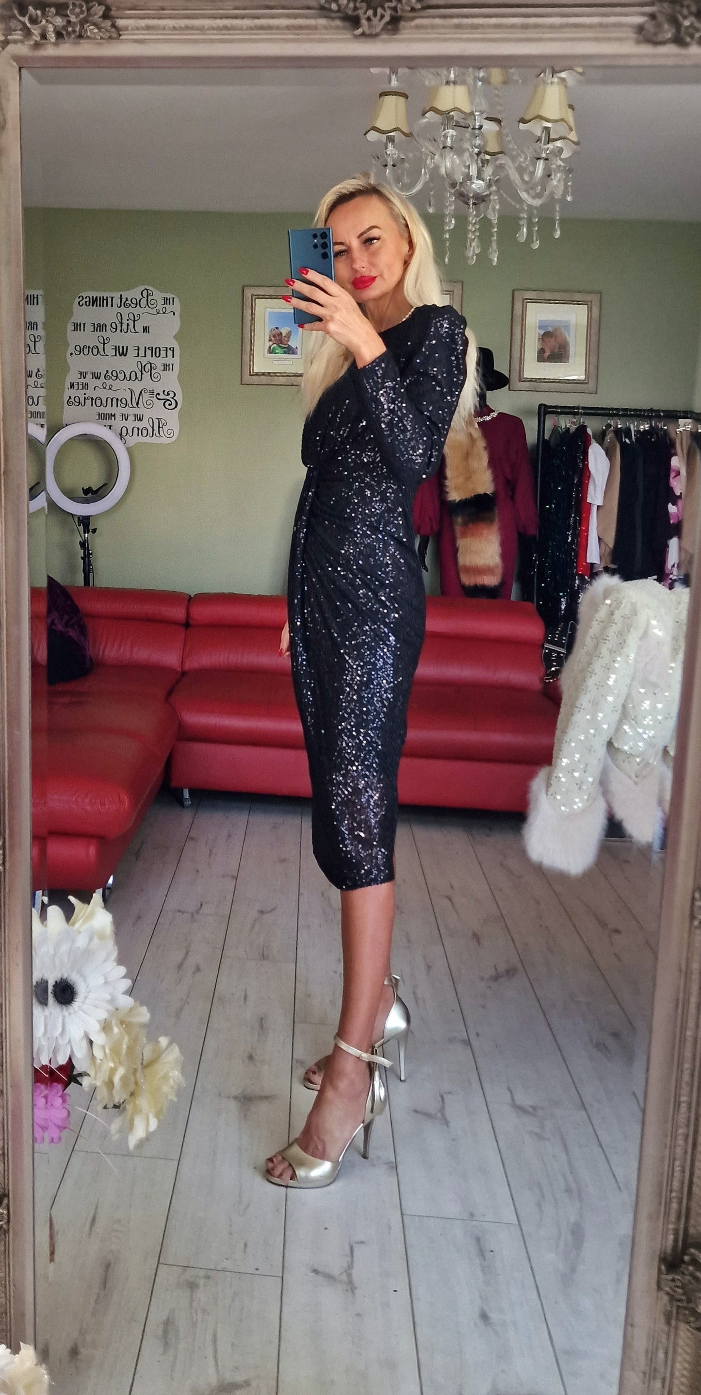 Black Sequin Midi Dress