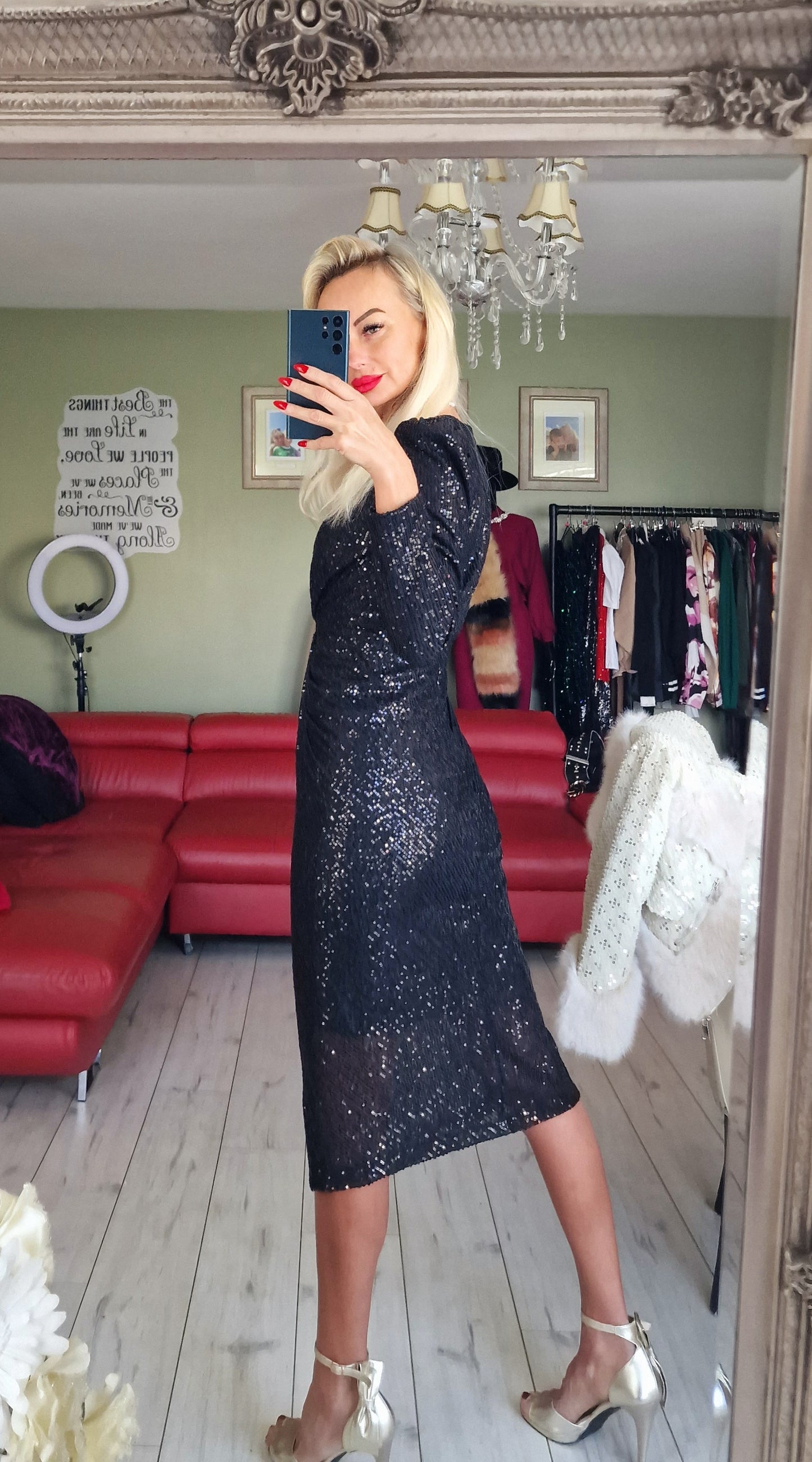 Black Sequin Midi Dress