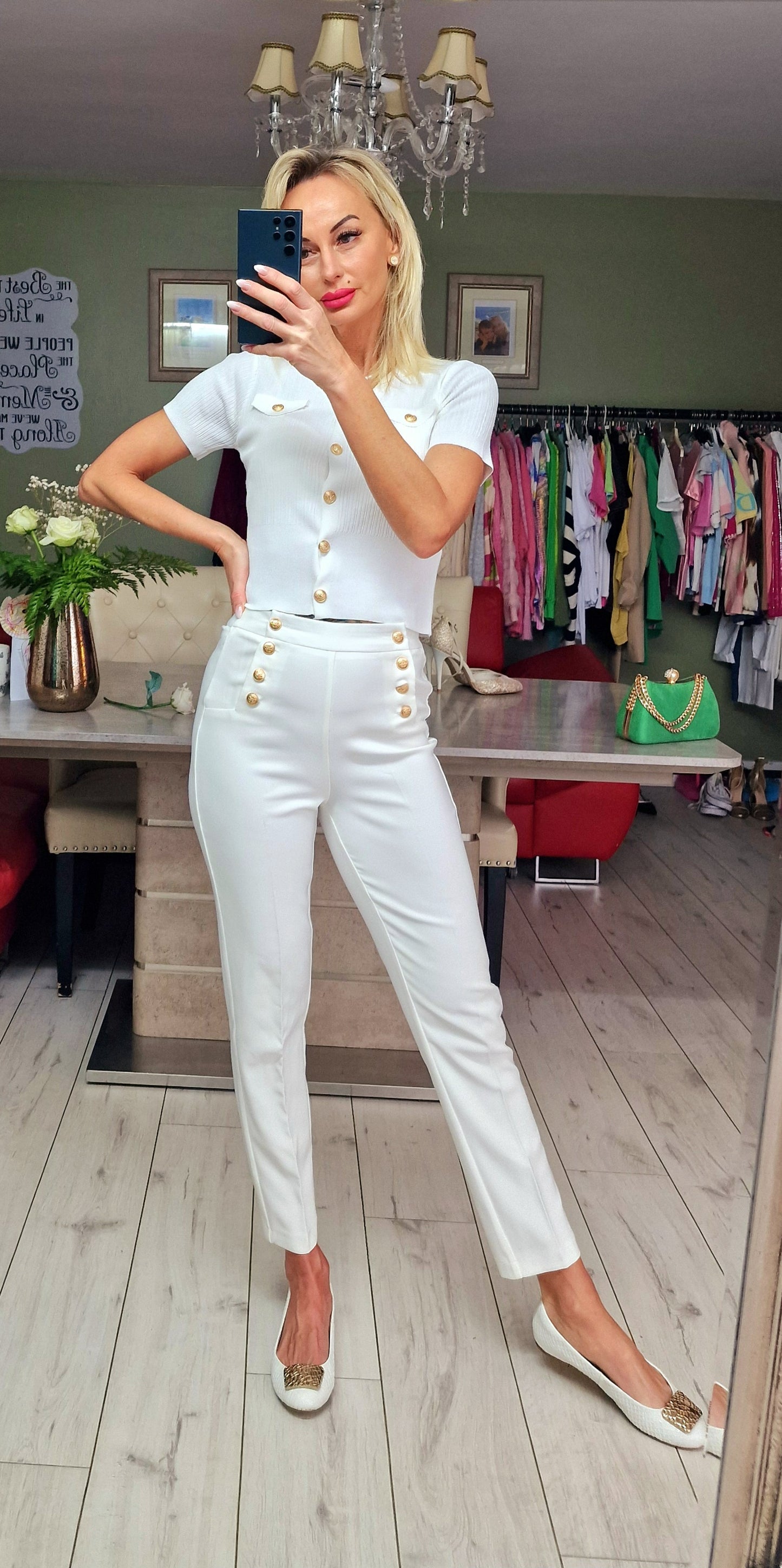White Elegant Trousers With Gold Buttons