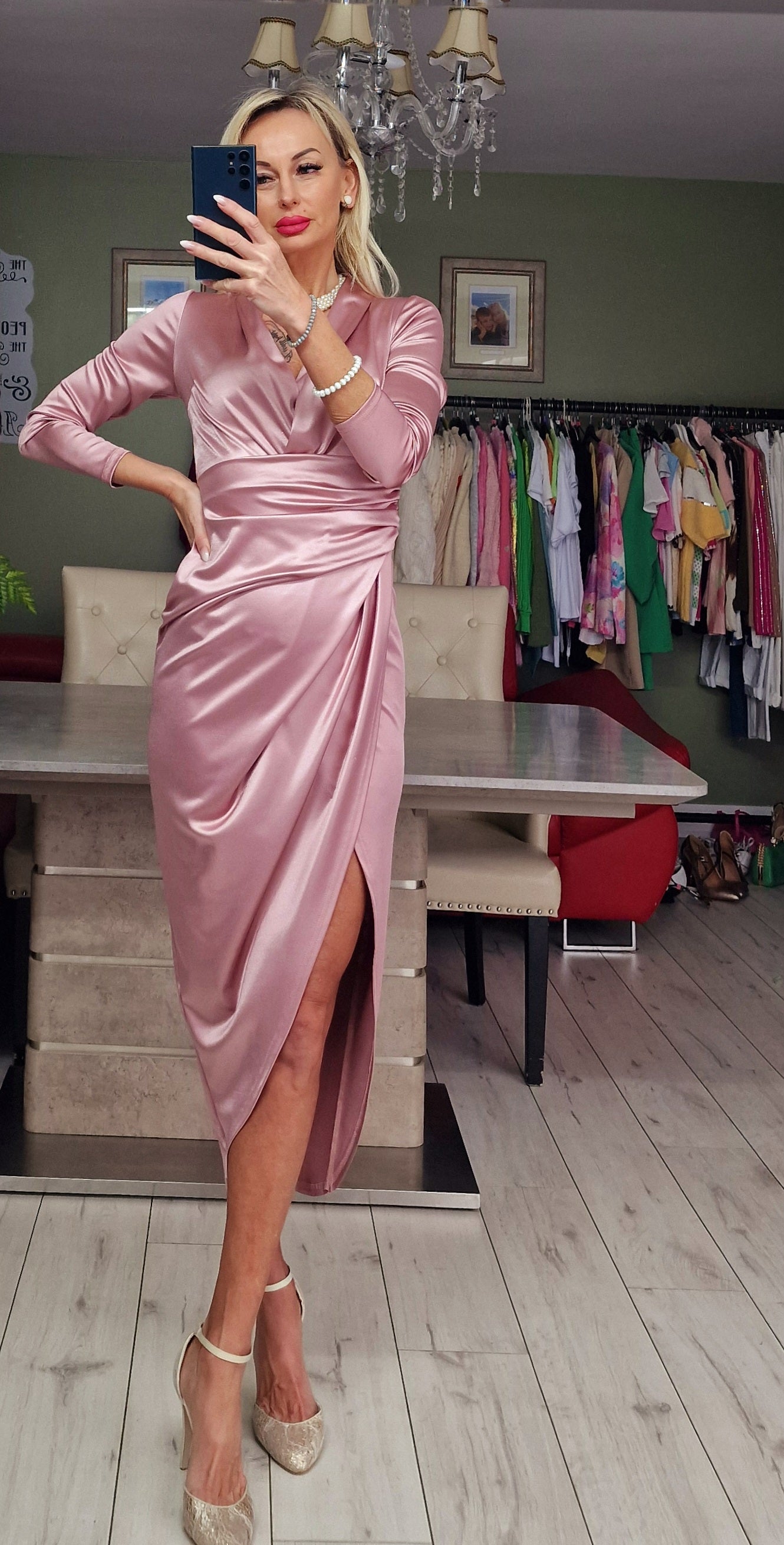 Occasion Satin Powder Pink Midi Dress