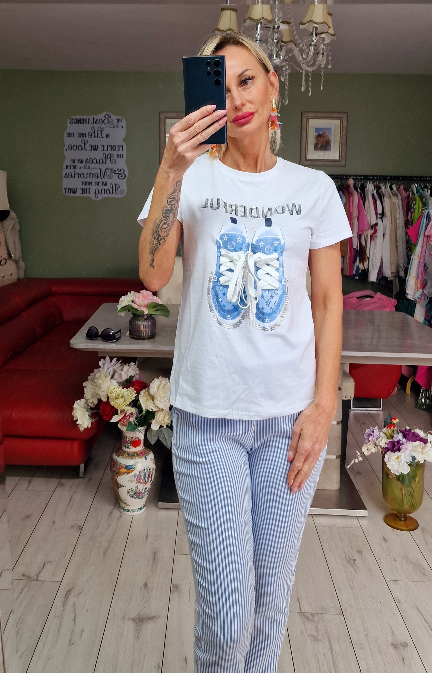 White Tshirt With Blue Louis Trainers