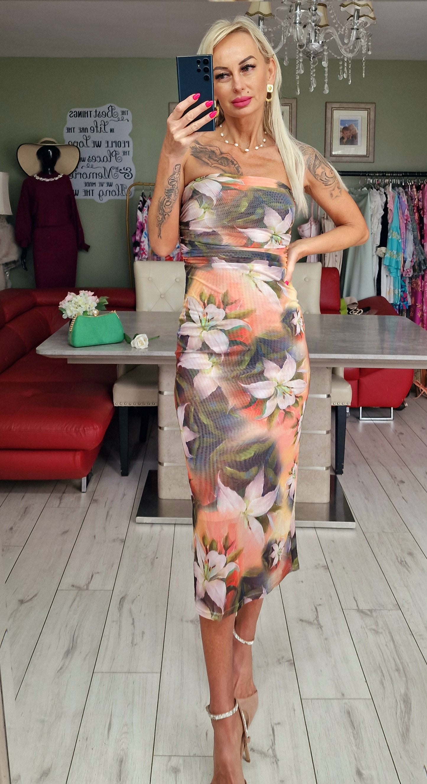 Floral Side Draped Midi Dress
