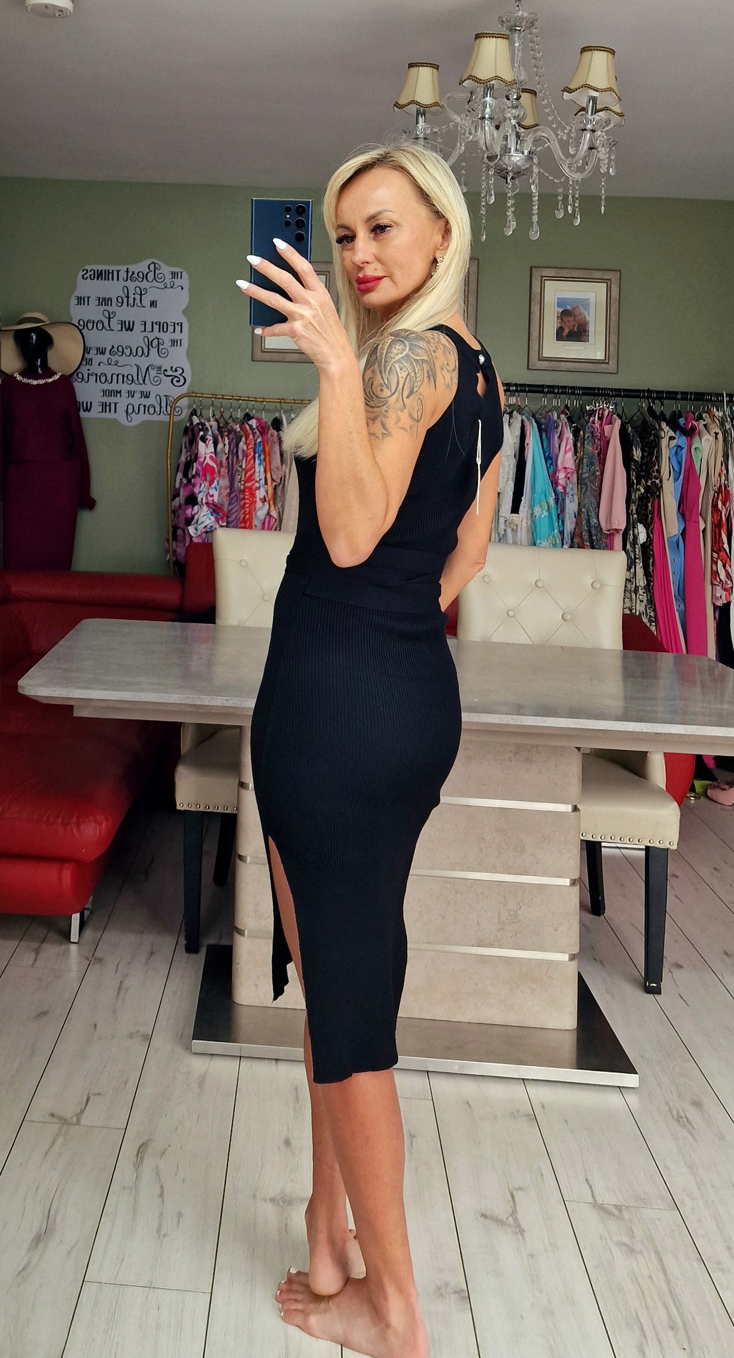 Black Ribbed Dress with Diamonds and Splits