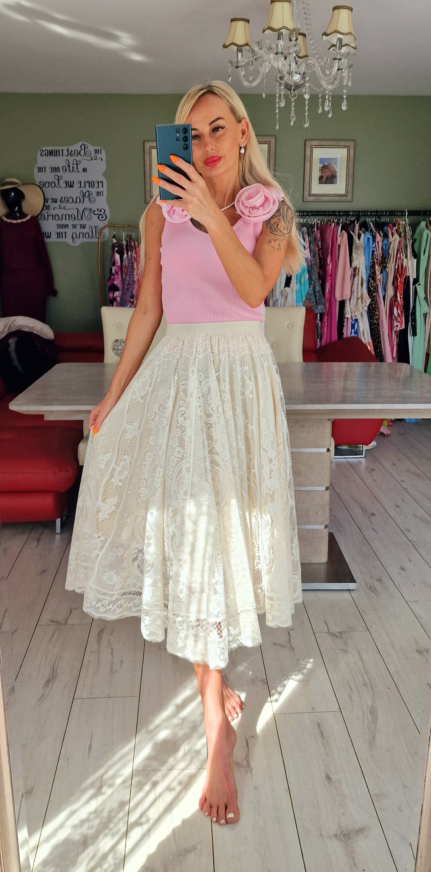 Baby Pink Ribbed Top With Shoulders Roses