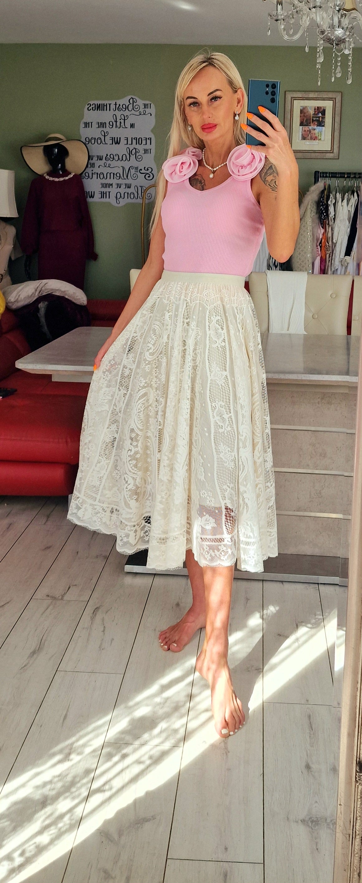 Baby Pink Ribbed Top With Shoulders Roses