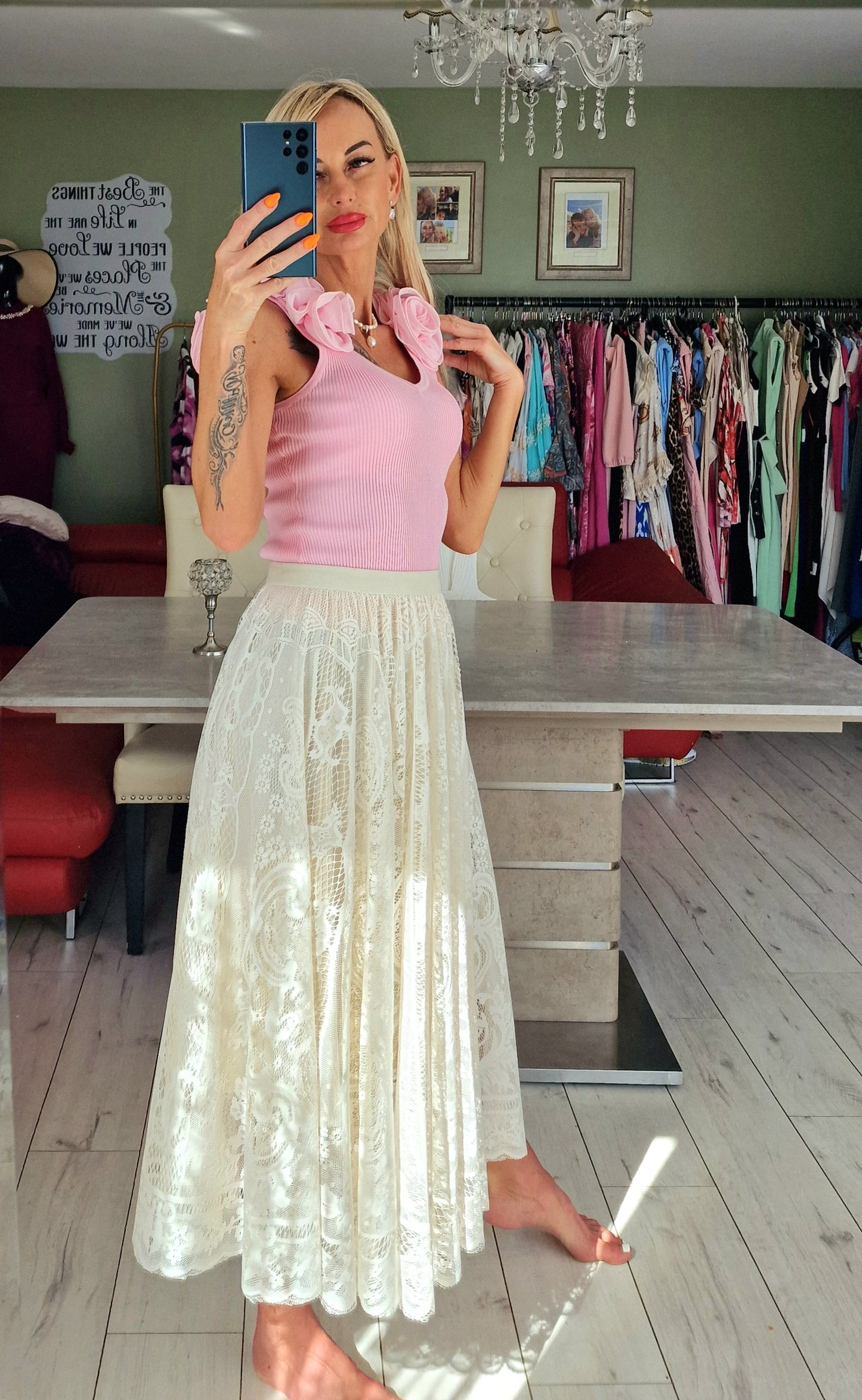 Baby Pink Ribbed Top With Shoulders Roses