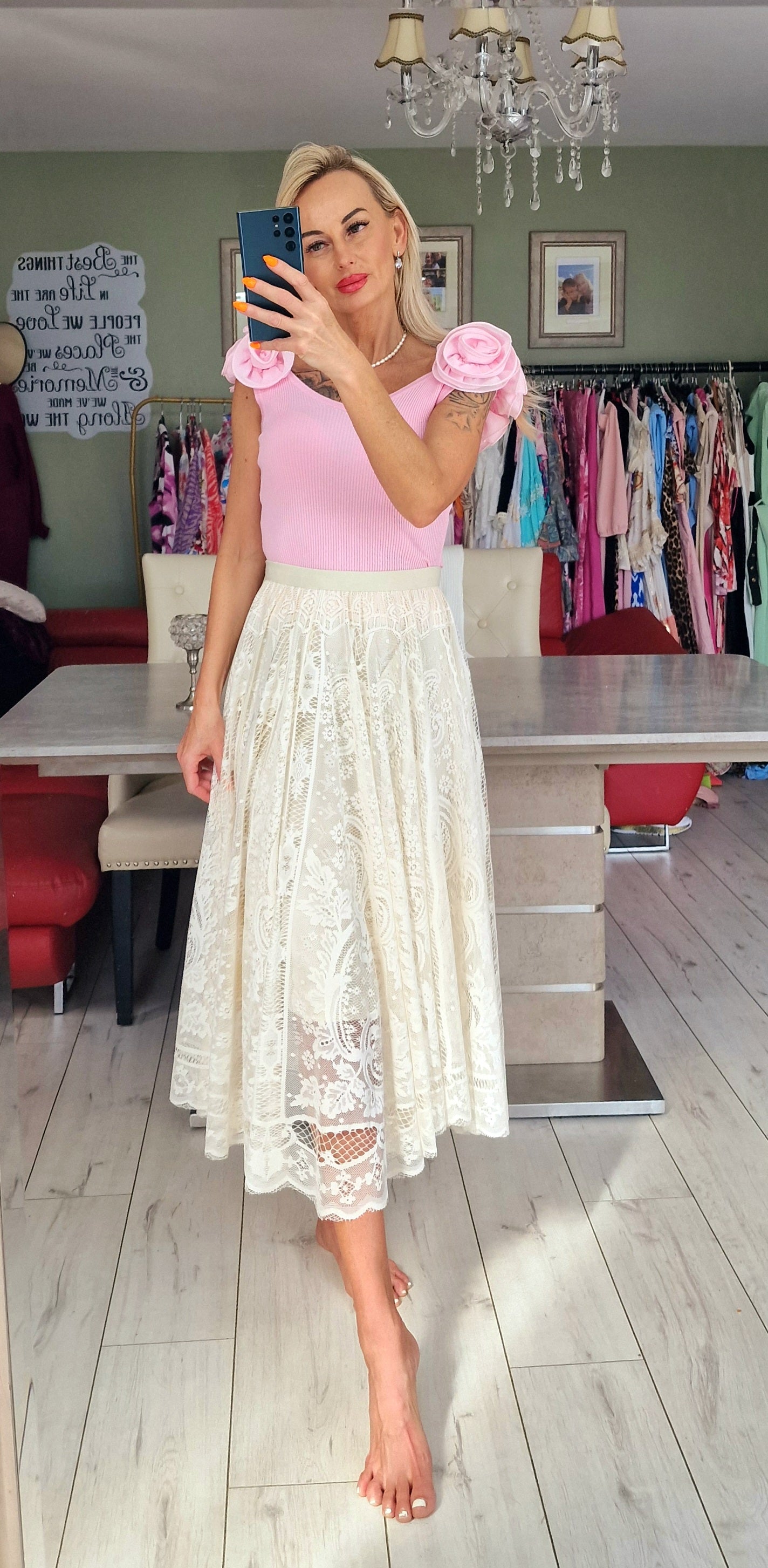 Baby Pink Ribbed Top With Shoulders Roses