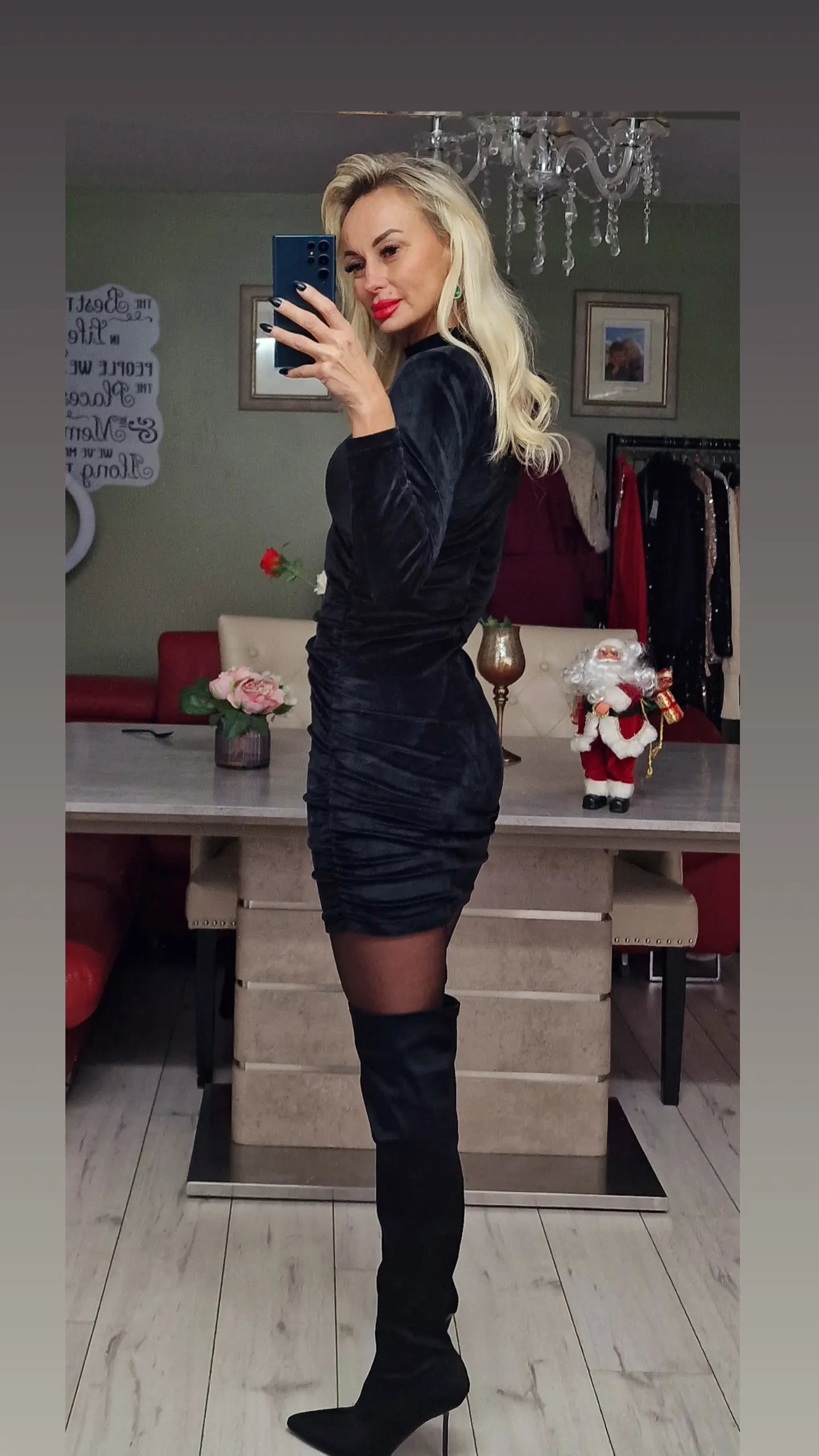 Suede Black Dress Drapped Both Sides