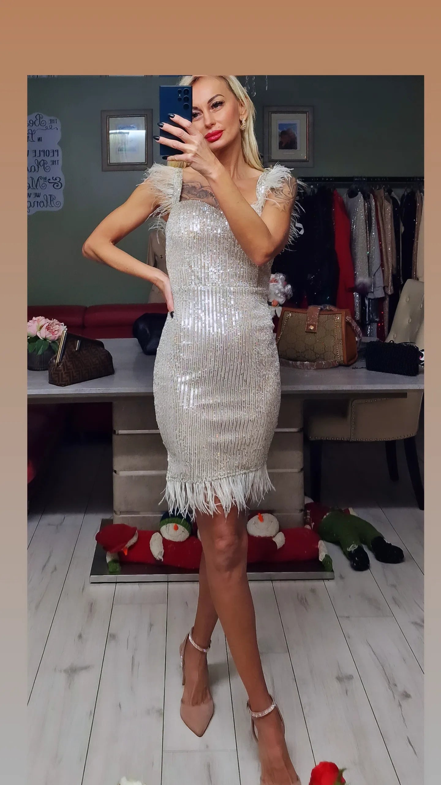 Silver Mini Dress With Feathers