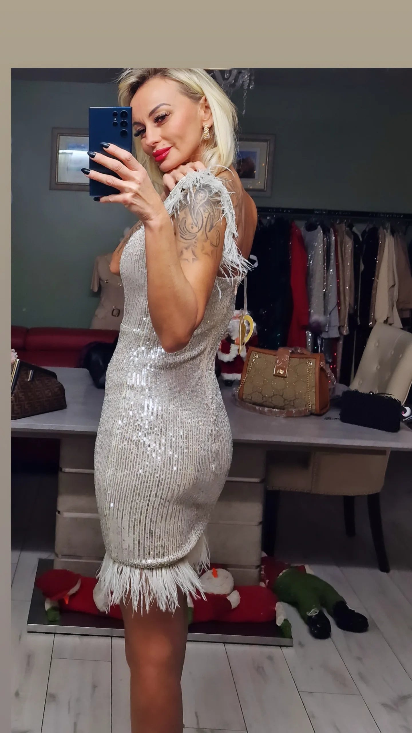 Silver Mini Dress With Feathers