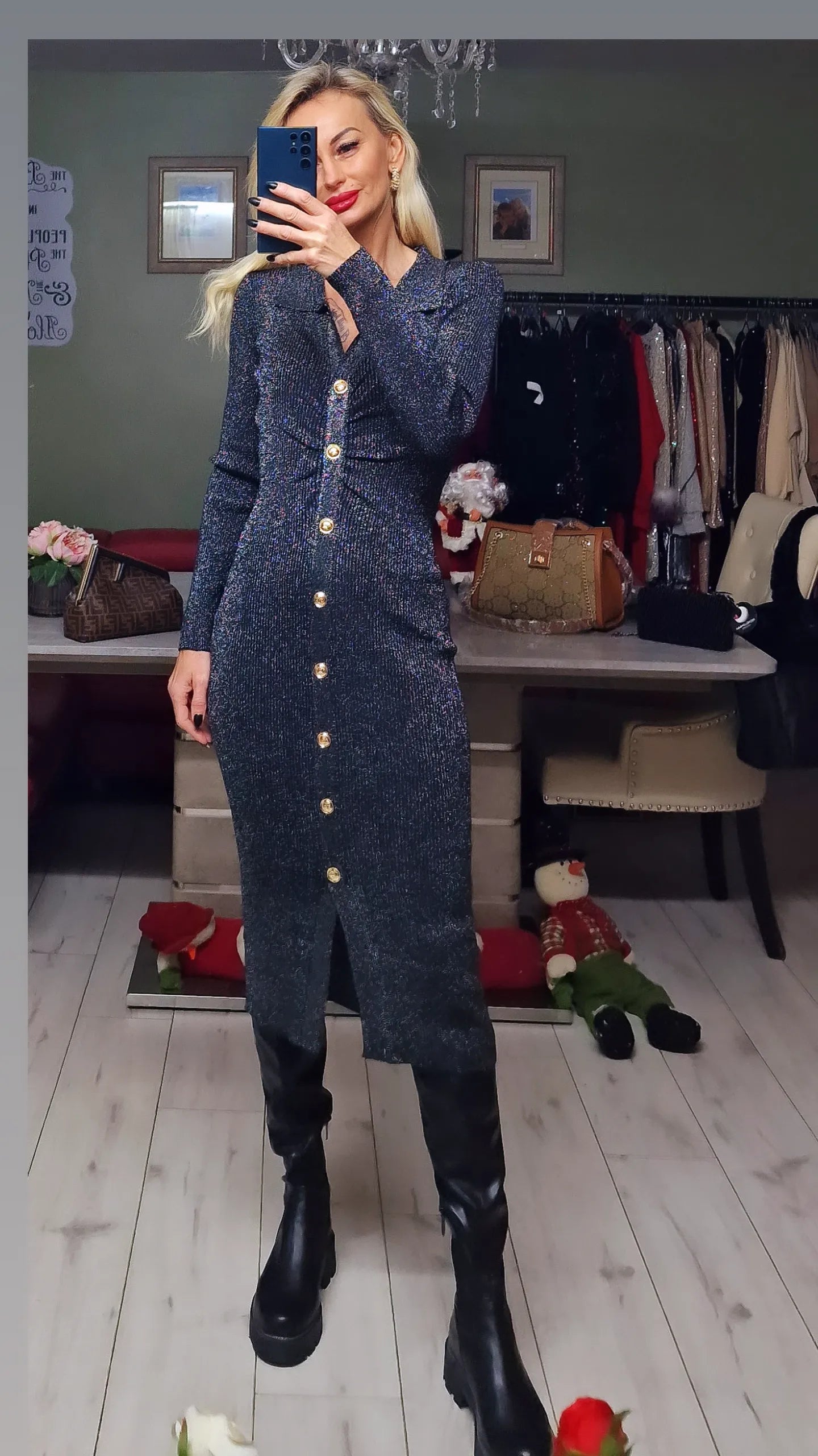 Black With Silver Threads and Gold Buttons Dress
