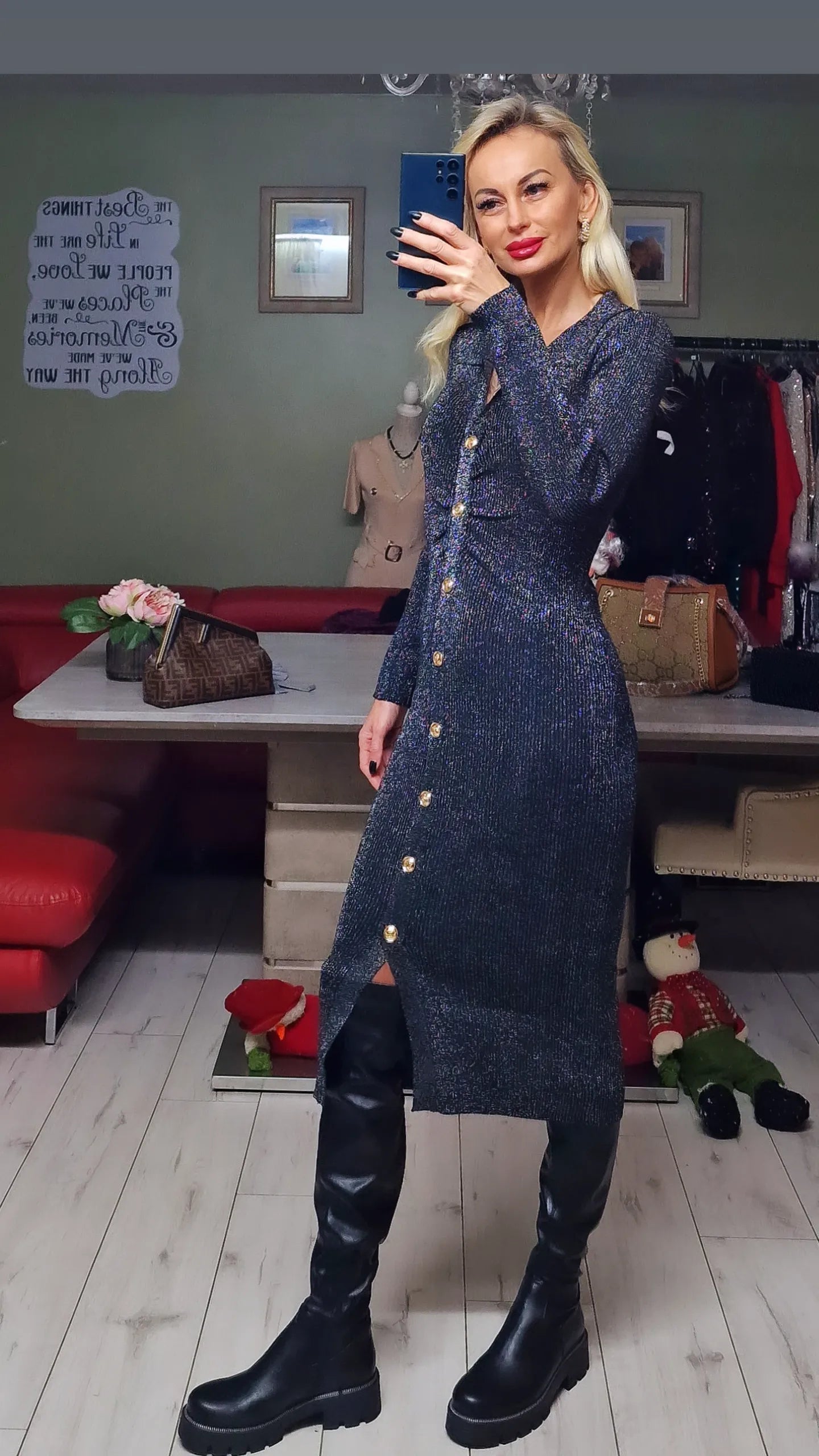 Black With Silver Threads and Gold Buttons Dress