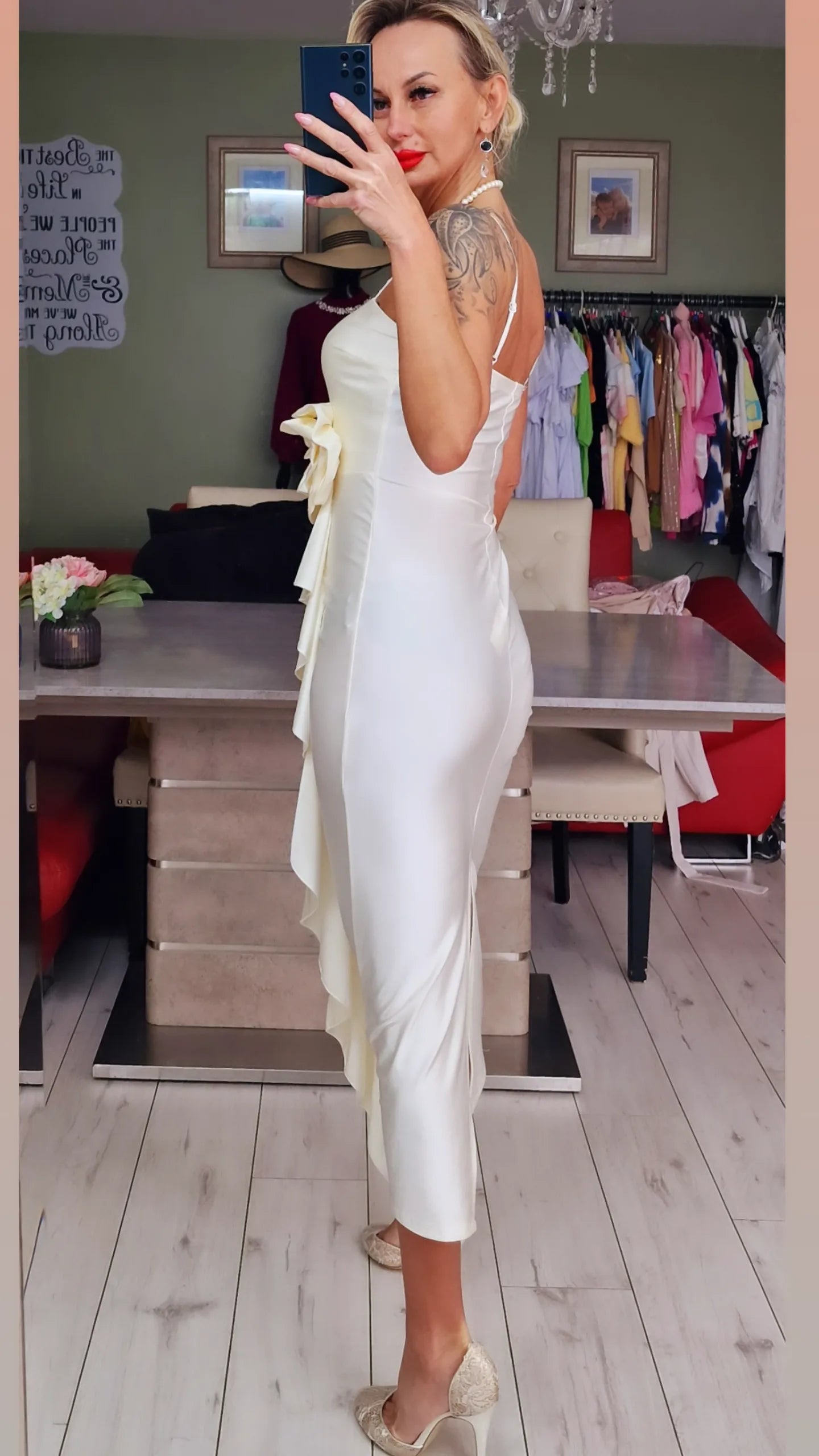 Midi Occasions Dress With Rose - Cream colour