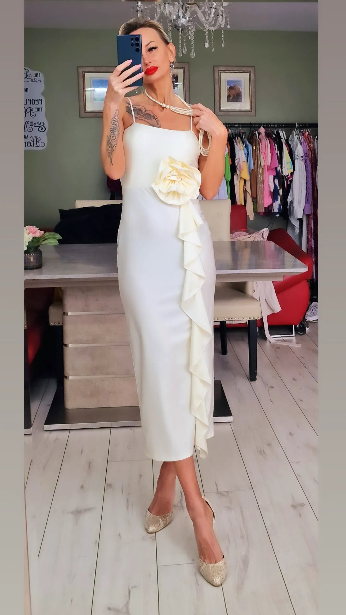 Midi Occasions Dress With Rose - Cream colour