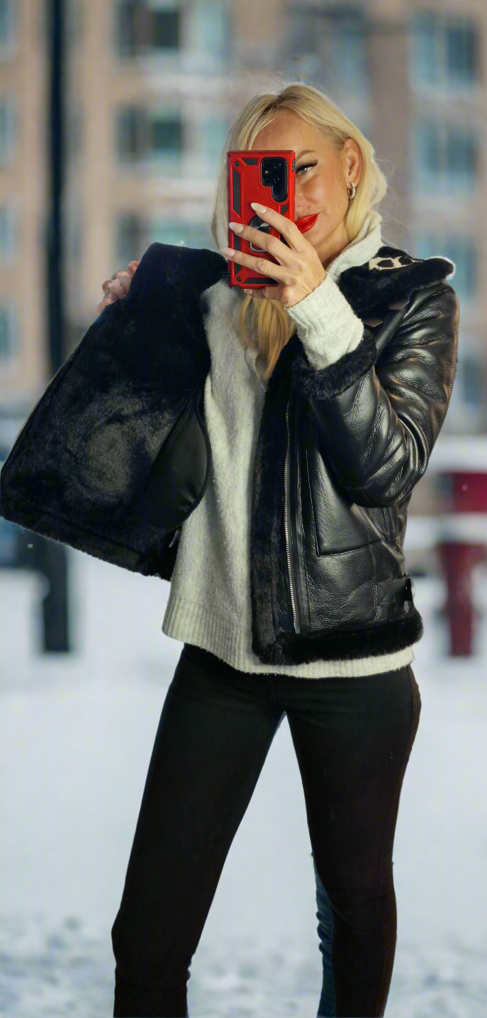 Faux Leather Fur Aviator Jacket