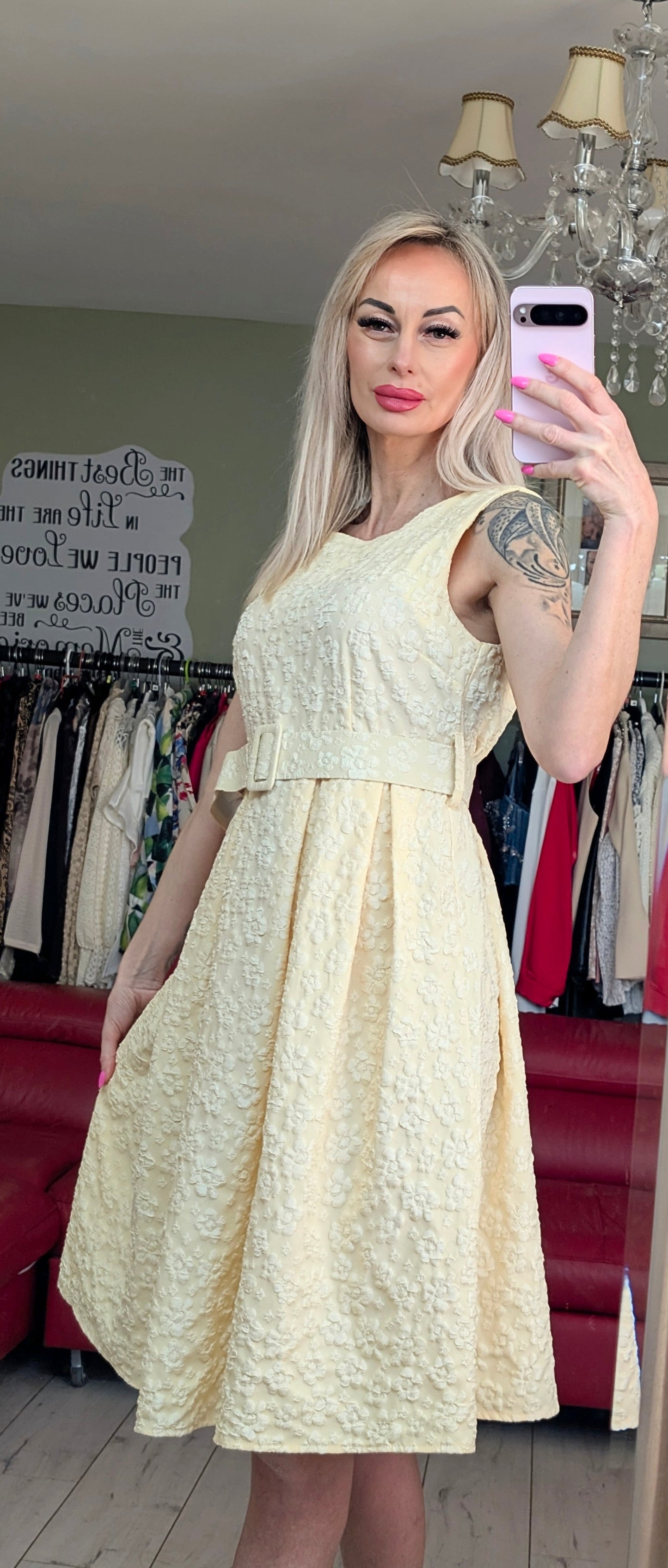 Yellow Midi Dress With White Small Flowers Print
