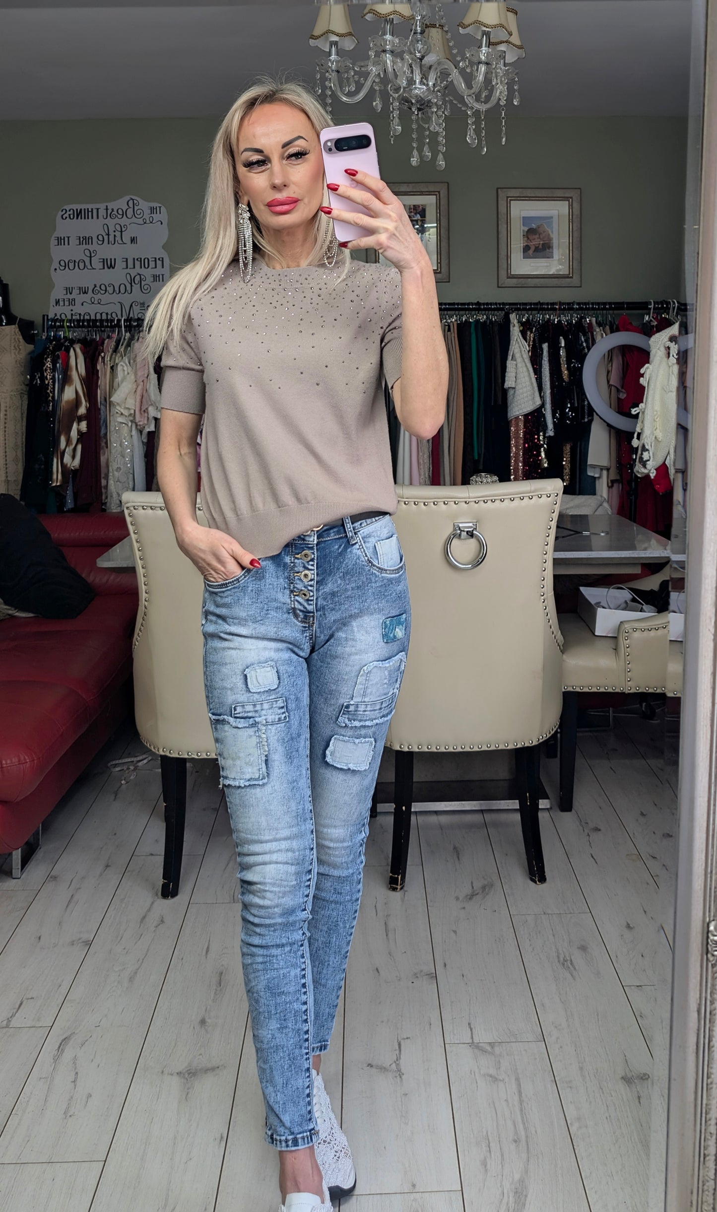 Knitted Top Sweater With Rhinestones Details