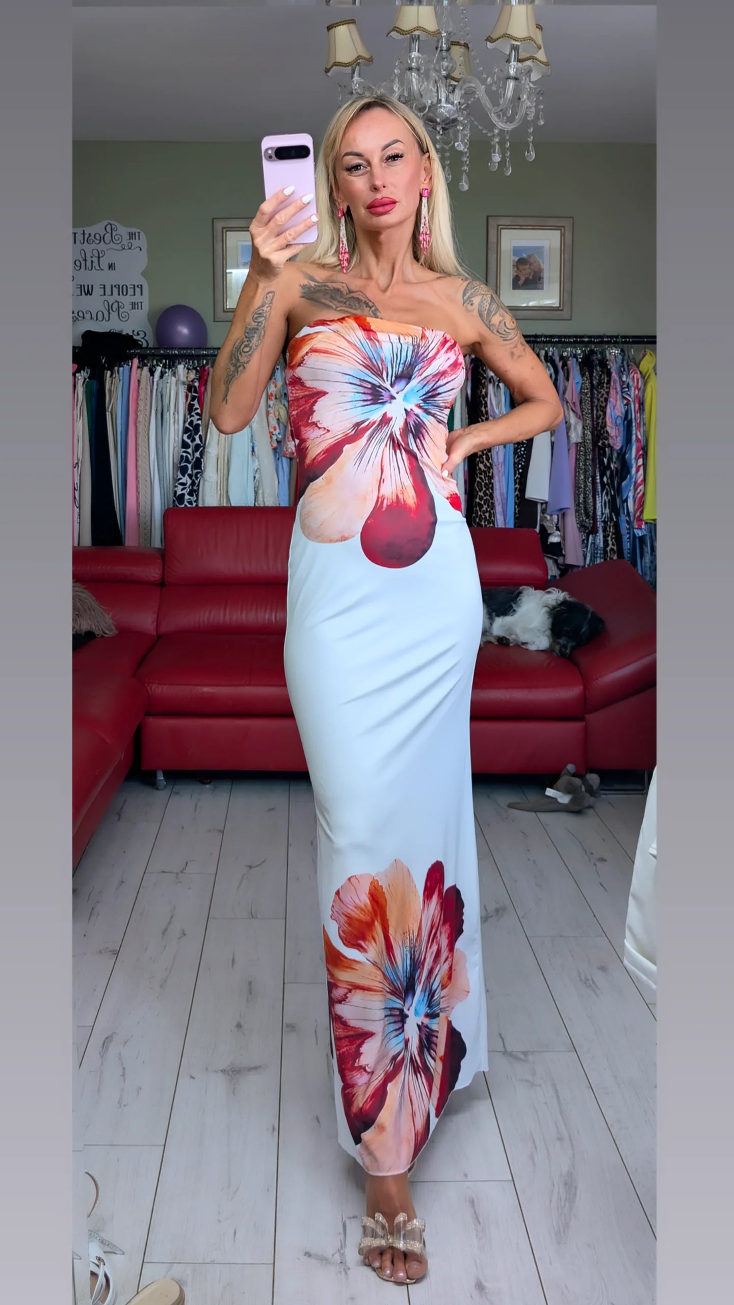 Luxury White With Printed Flowers Dress