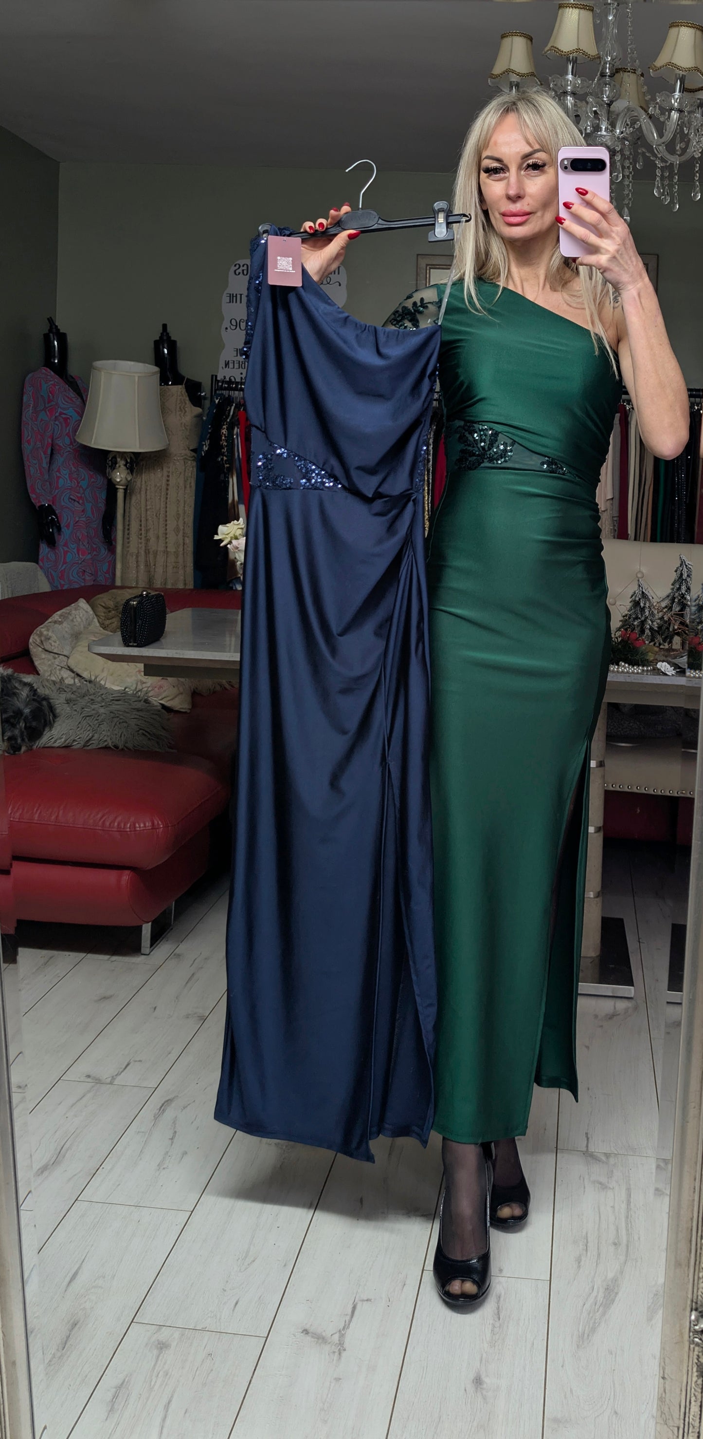 Green And Navy Long Evening Dress