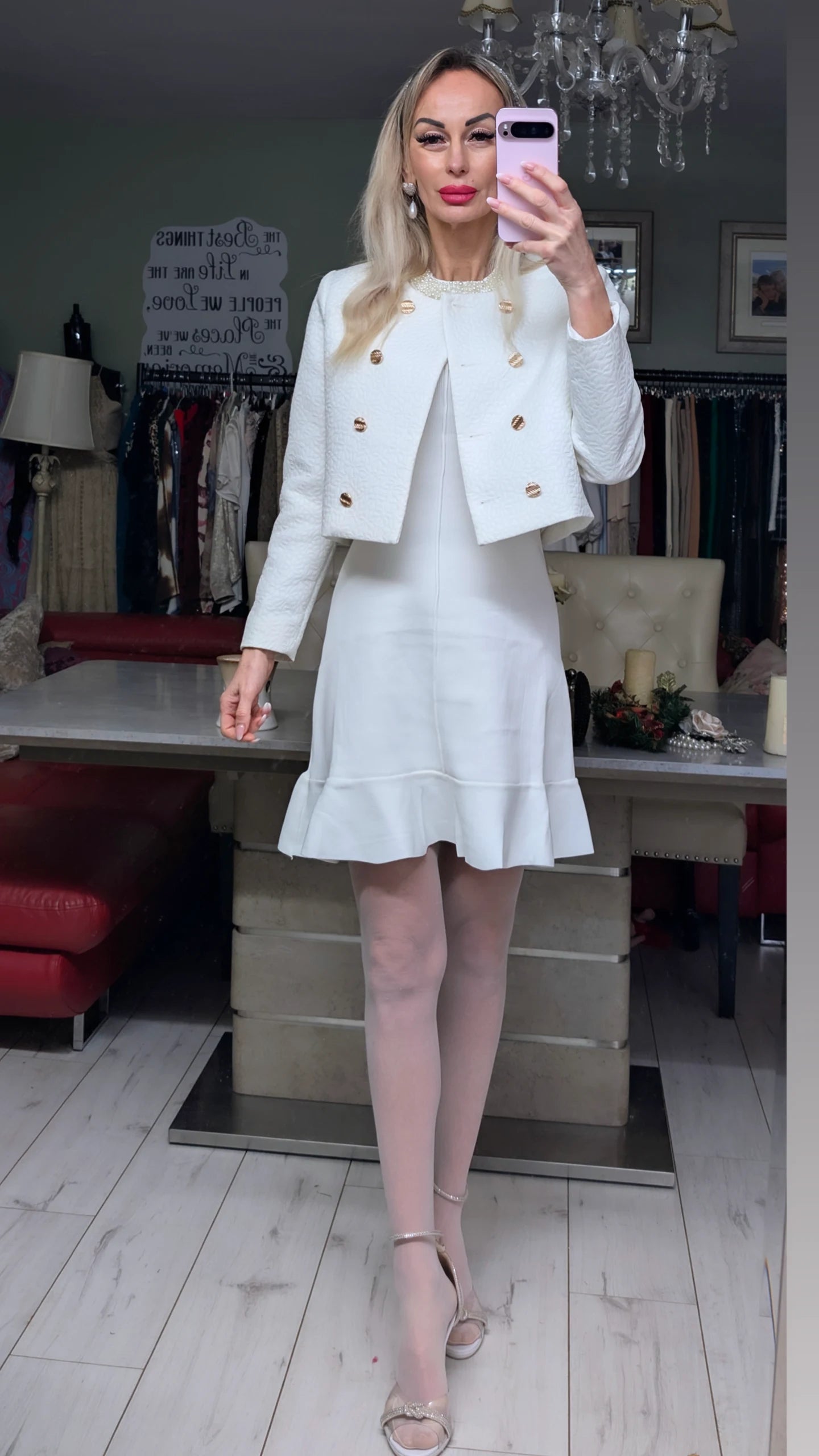 White Dress With Pearls Around Neck