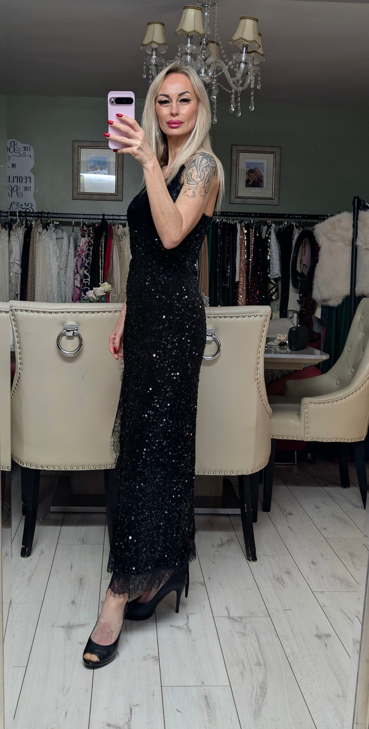 Velvet Sequin Evening Dress With Lace