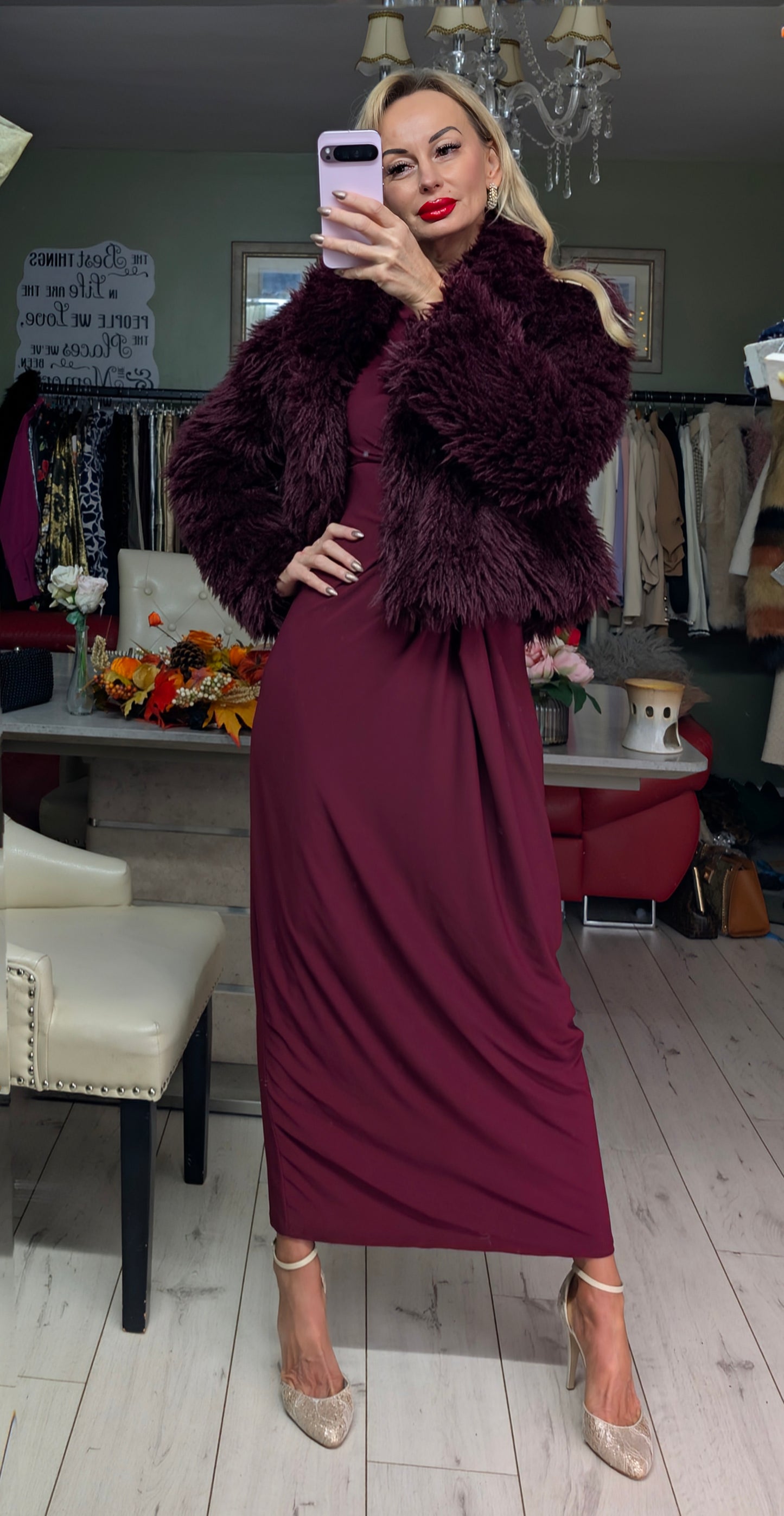 Burgundy Faux Fur Coat