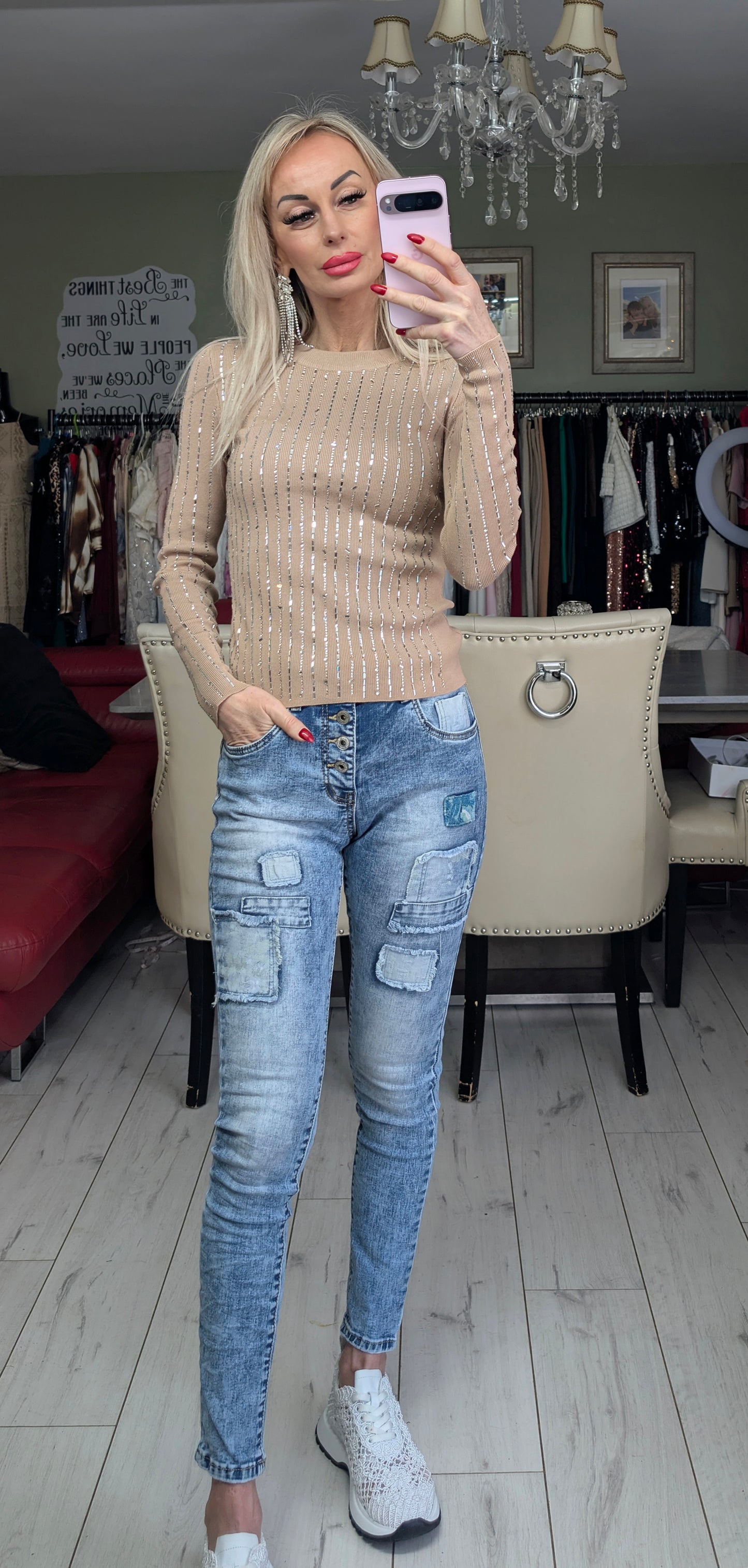 Camel Knitted Top With Rhinestones Details