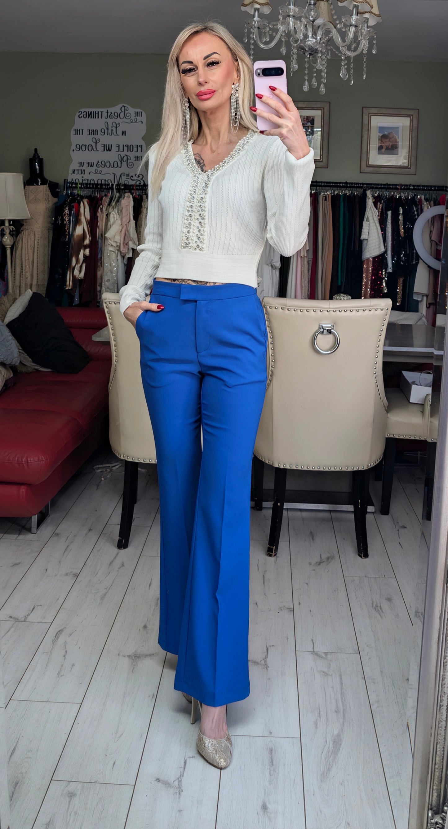 White Sweater With Pearls And Stones