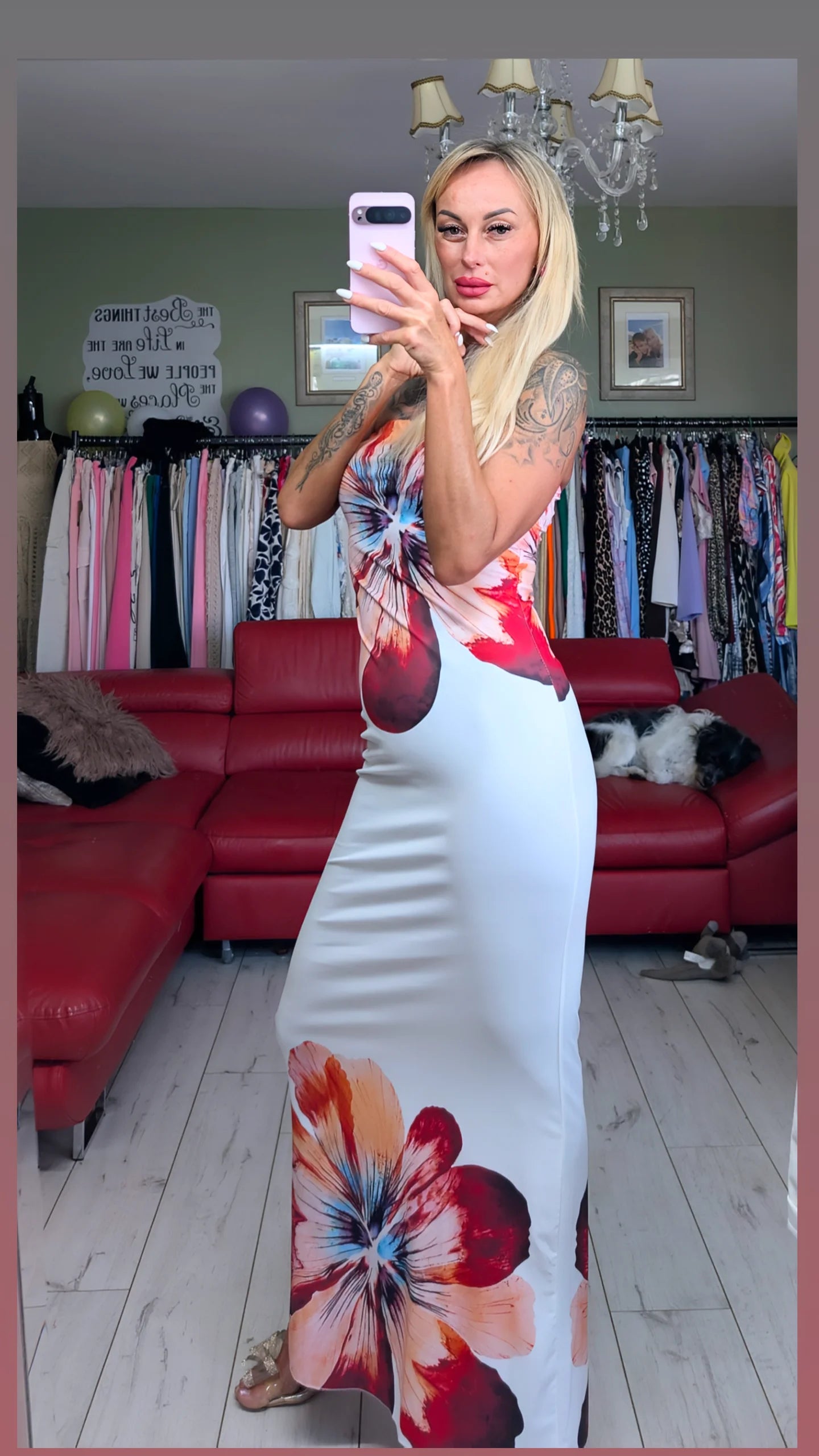 Luxury White With Printed Flowers Dress