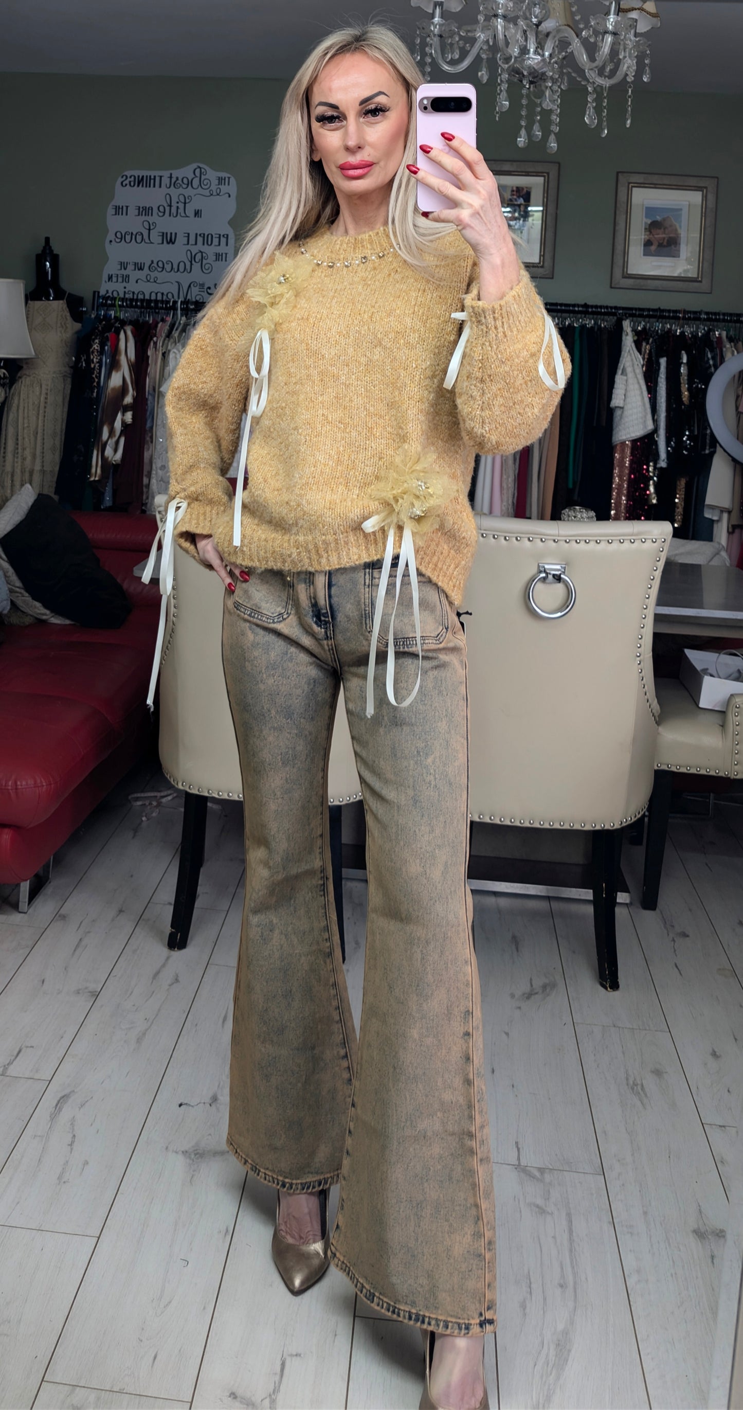 Unique Sweater With Flowers Pearls, Stones, Ribbon