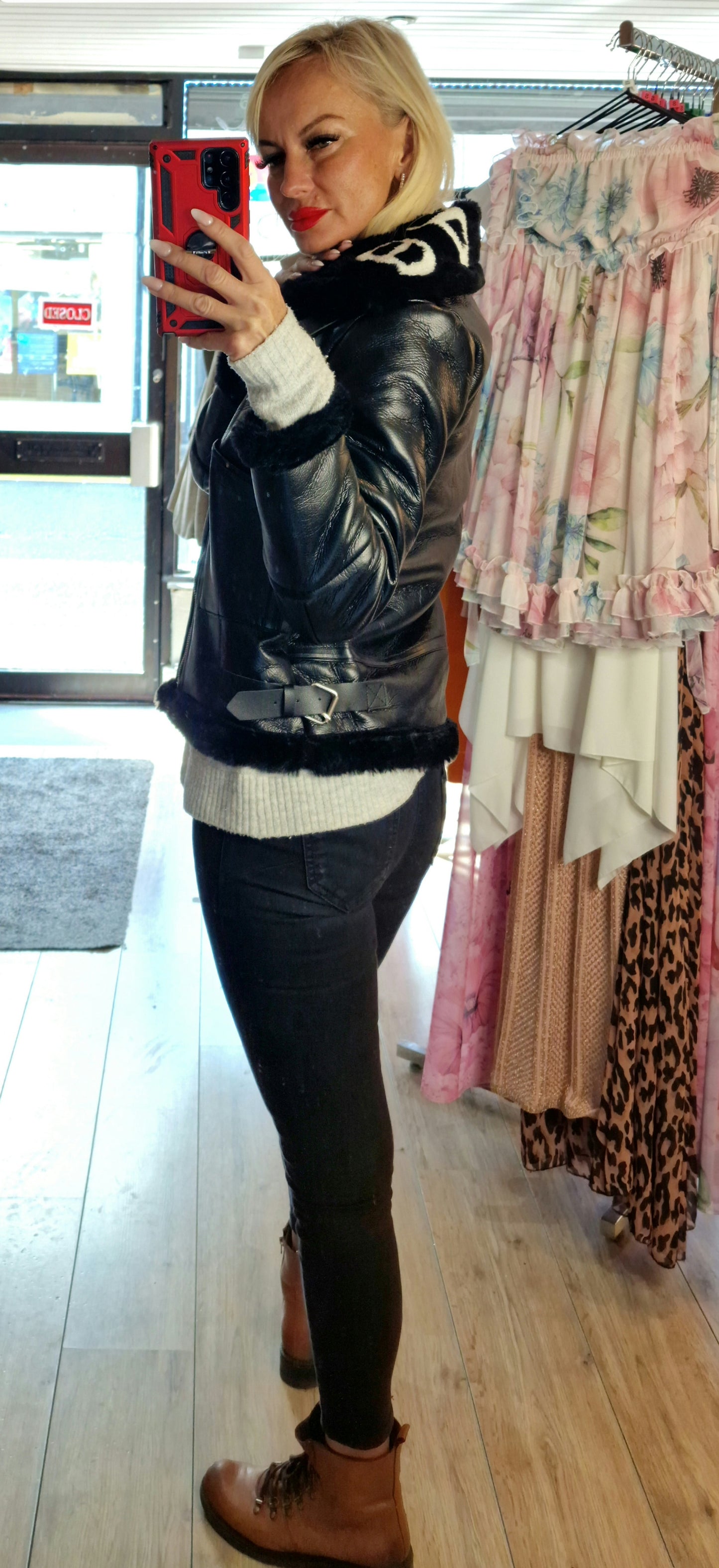 Faux Leather Fur Aviator Jacket
