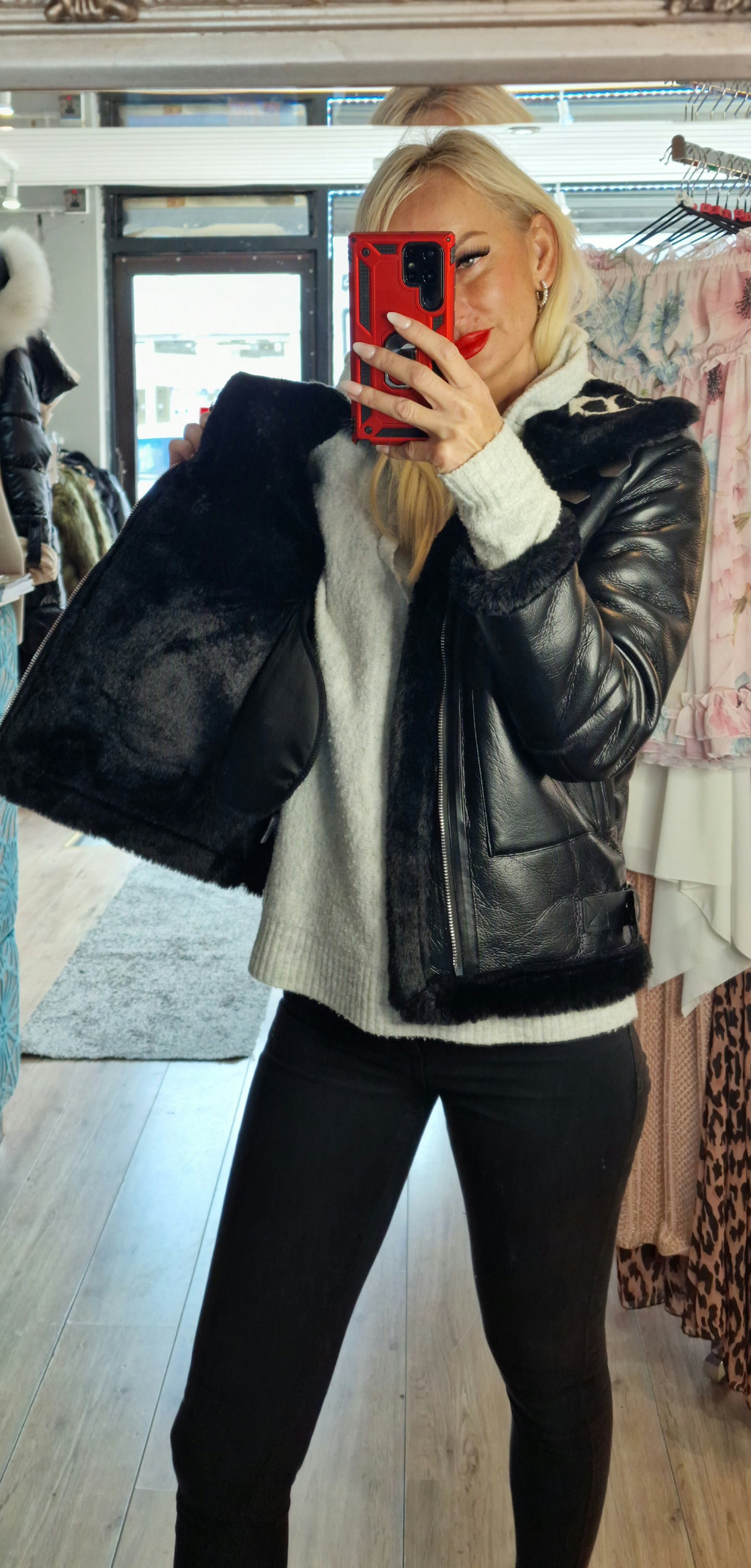 Faux Leather Fur Aviator Jacket