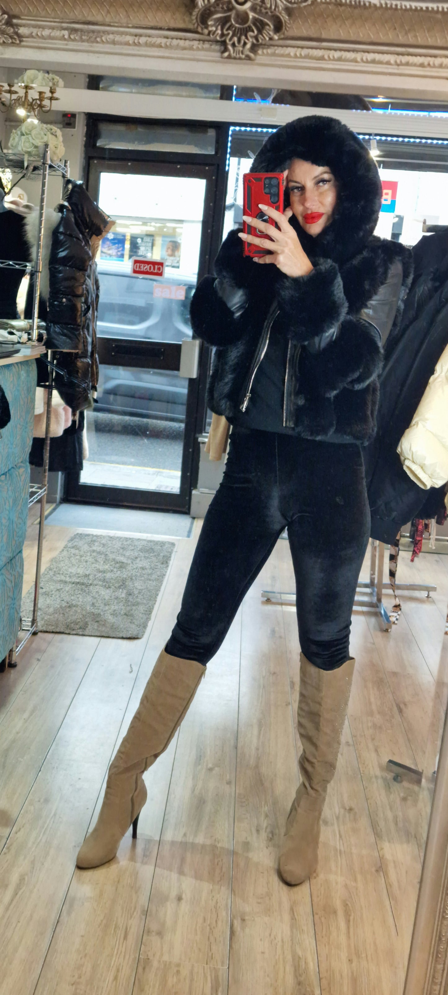 Black Leather Jacket With Fur Details