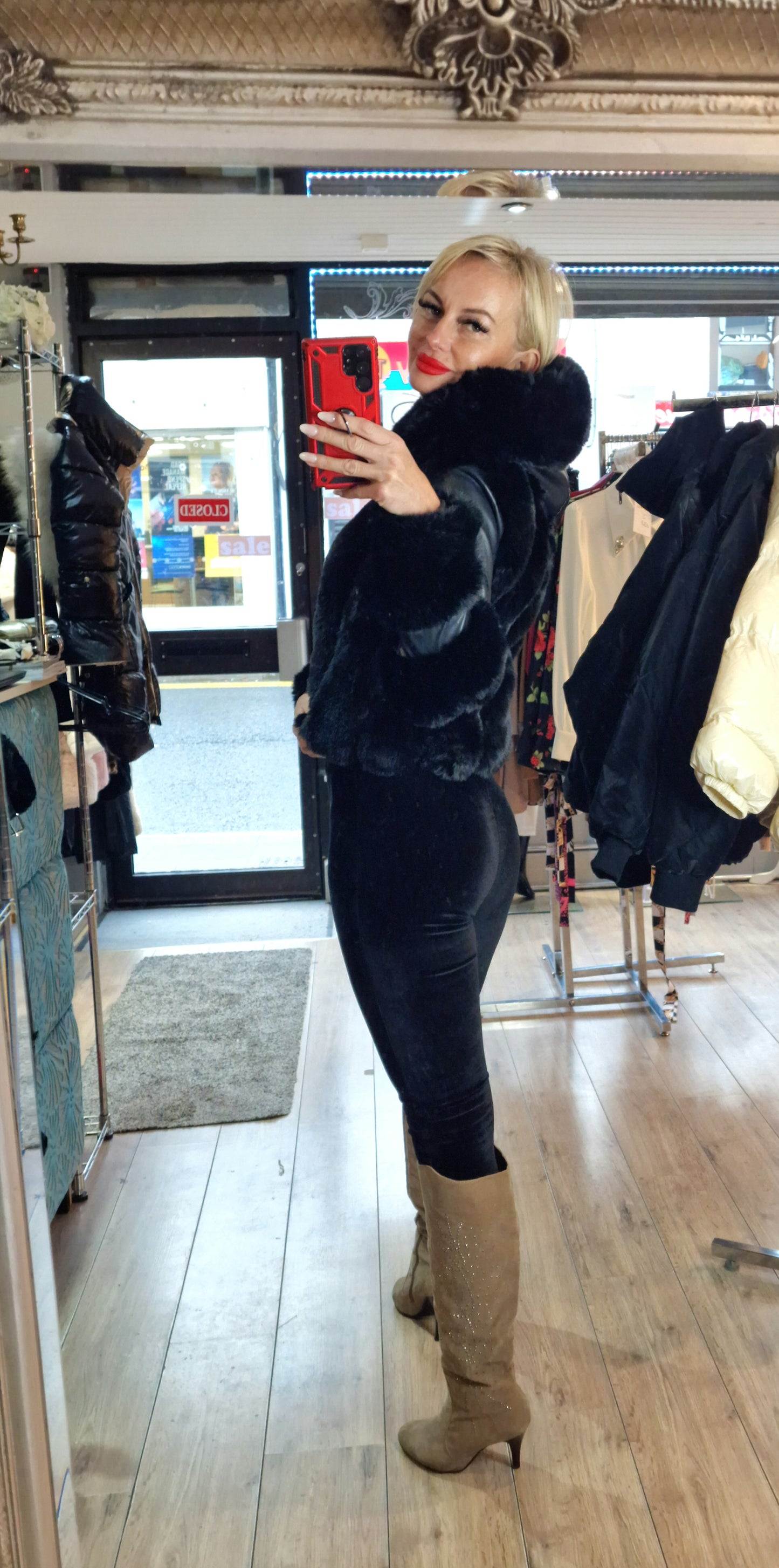 Black Leather Jacket With Fur Details