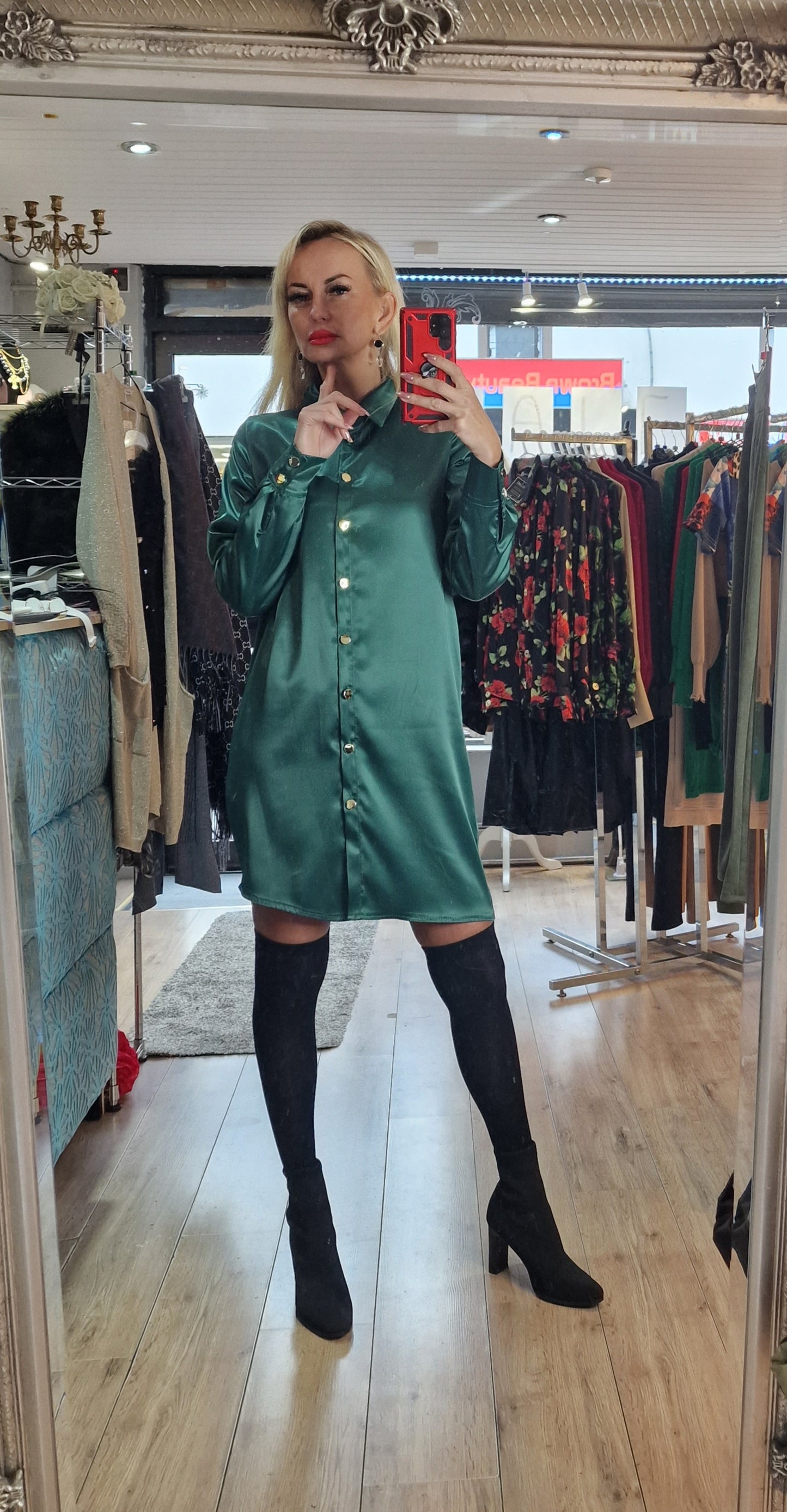 Satin Shirt-Dress- 4 Colours-Black, Red, Green, Gold