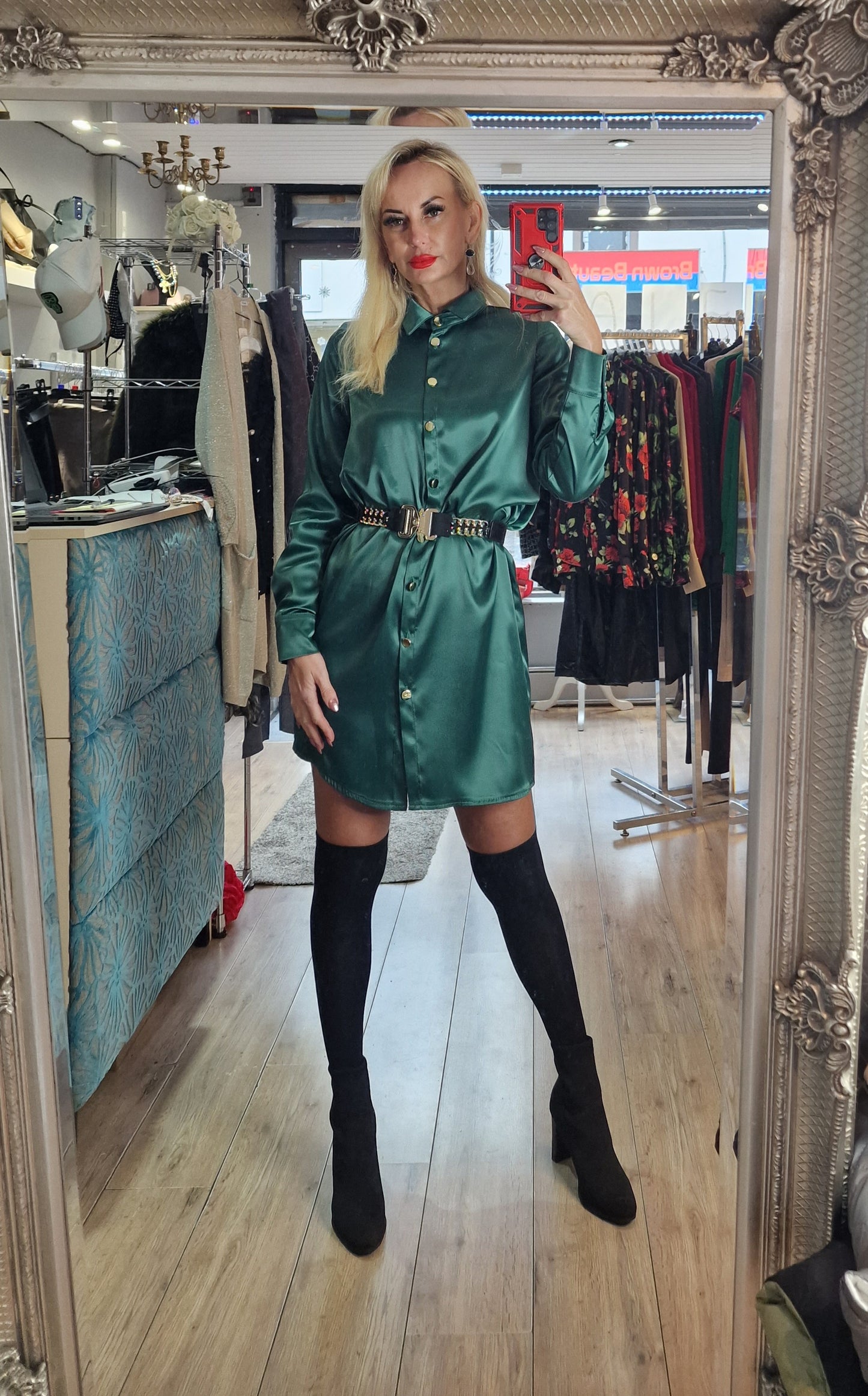 Satin Shirt-Dress- 4 Colours-Black, Red, Green, Gold