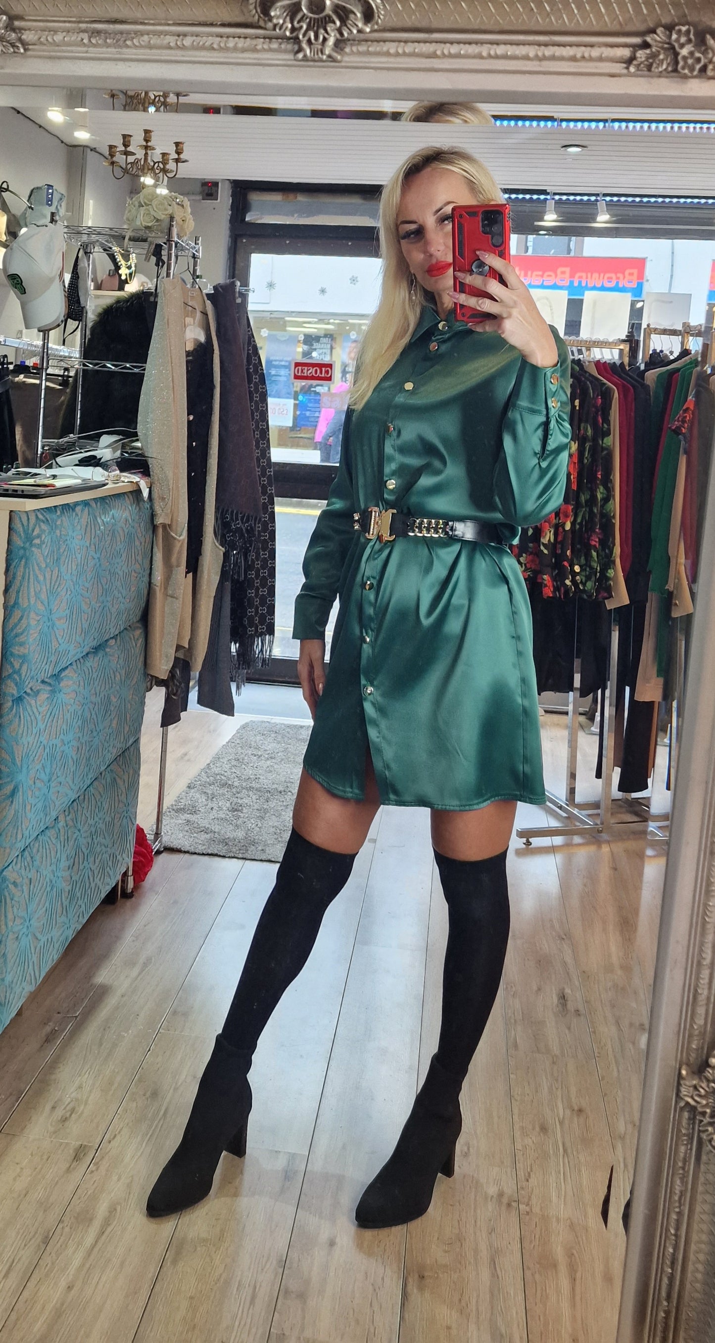 Satin Shirt-Dress- 4 Colours-Black, Red, Green, Gold
