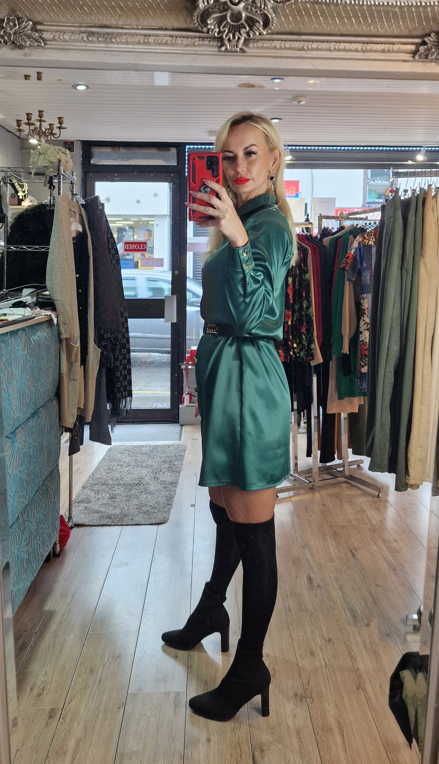 Satin Shirt-Dress- 4 Colours-Black, Red, Green, Gold