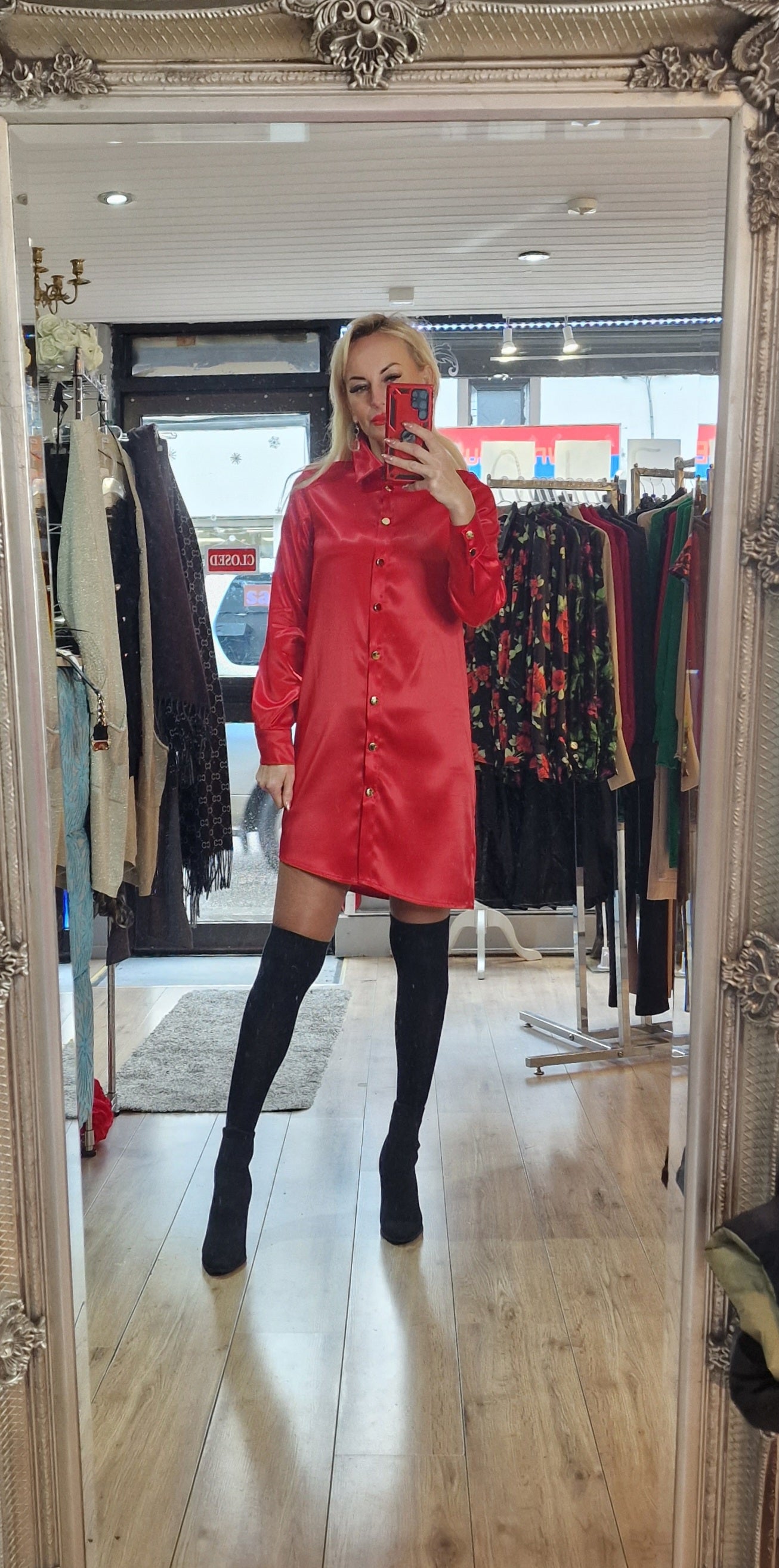 Satin Shirt-Dress- 4 Colours-Black, Red, Green, Gold