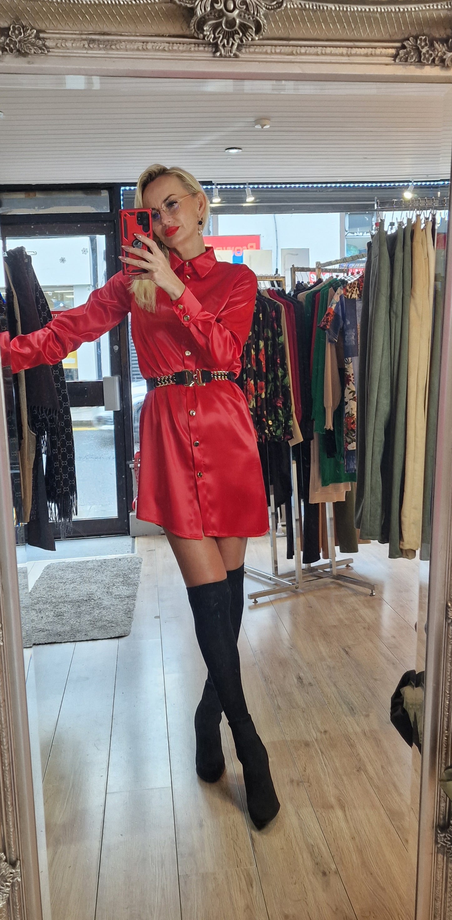 Satin Shirt-Dress- 4 Colours-Black, Red, Green, Gold