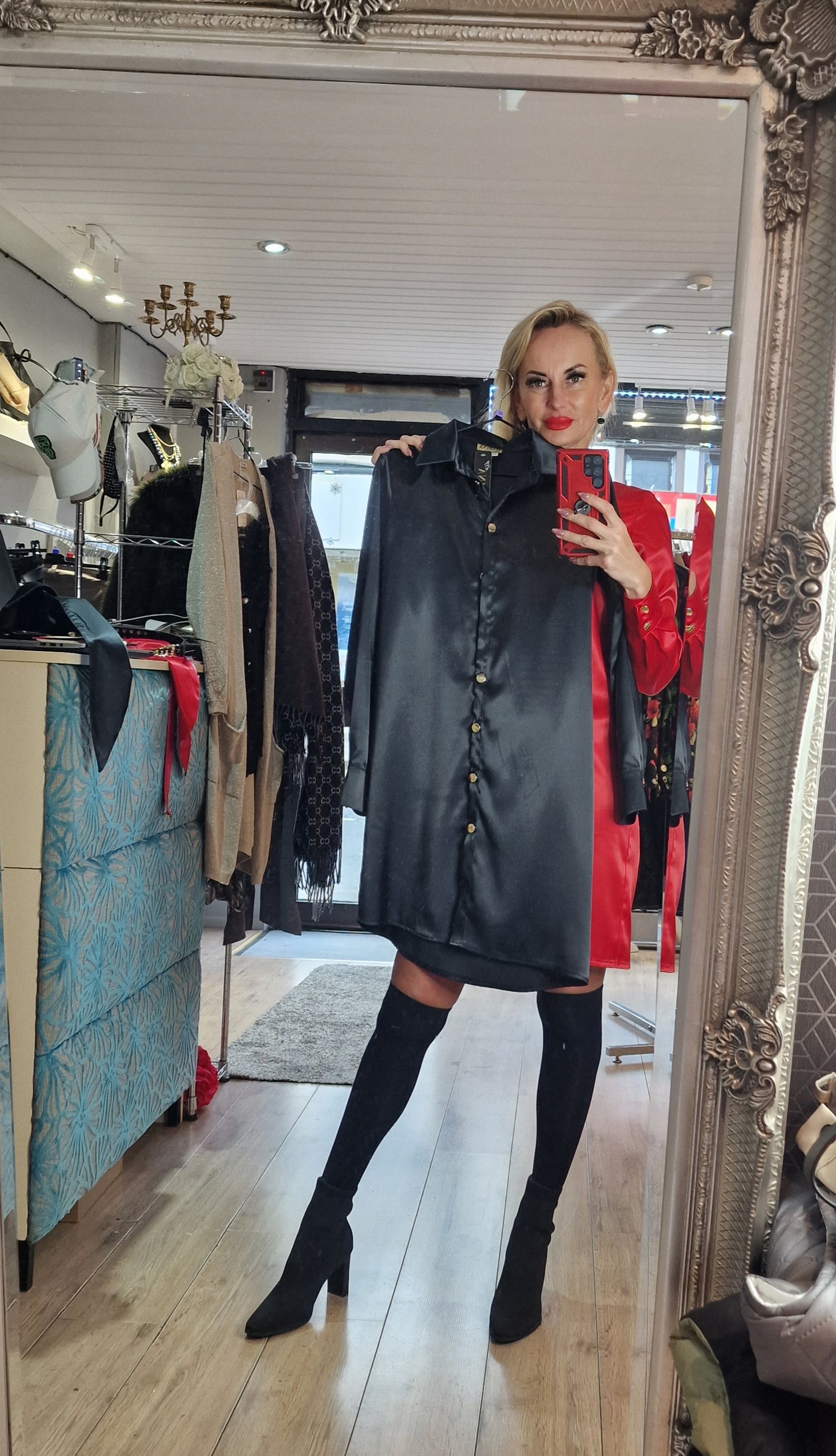 Satin Shirt-Dress- 4 Colours-Black, Red, Green, Gold