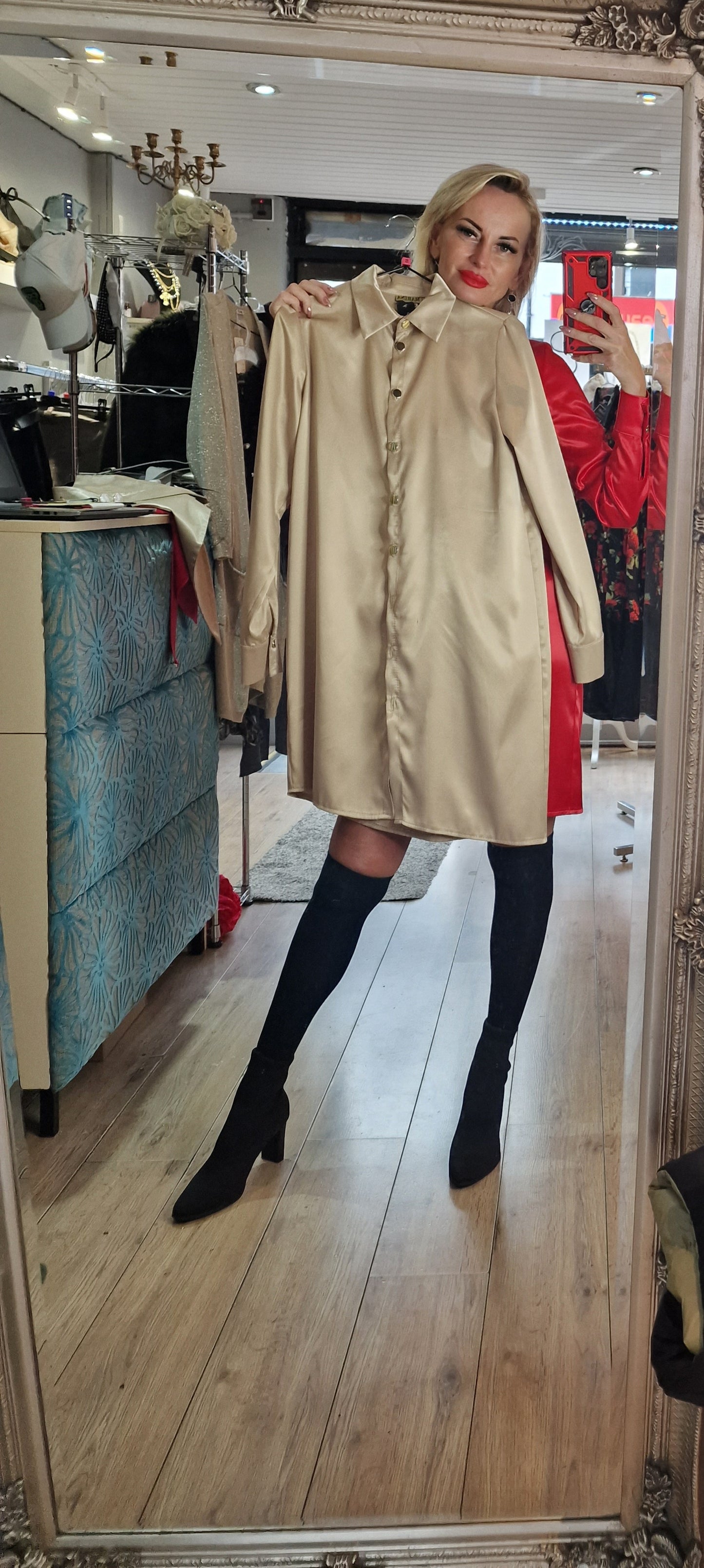 Satin Shirt-Dress- 4 Colours-Black, Red, Green, Gold