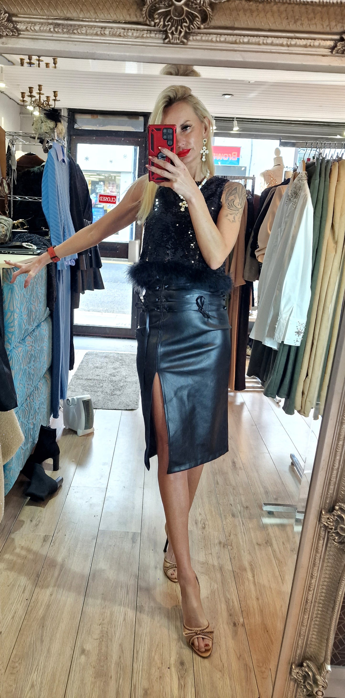 Short Sleeveless Sequin Top With Feather Trim