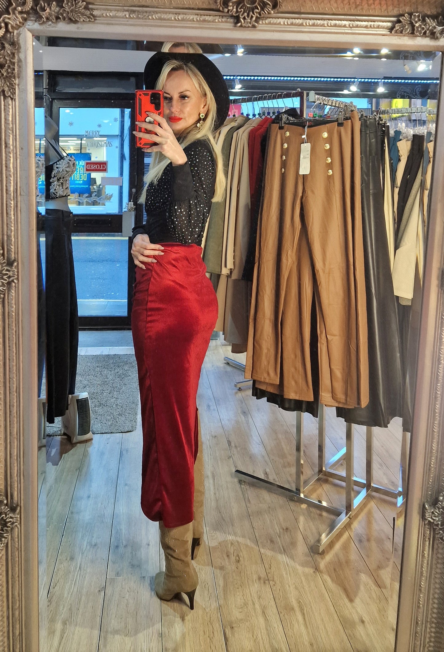 Red velvet skirt