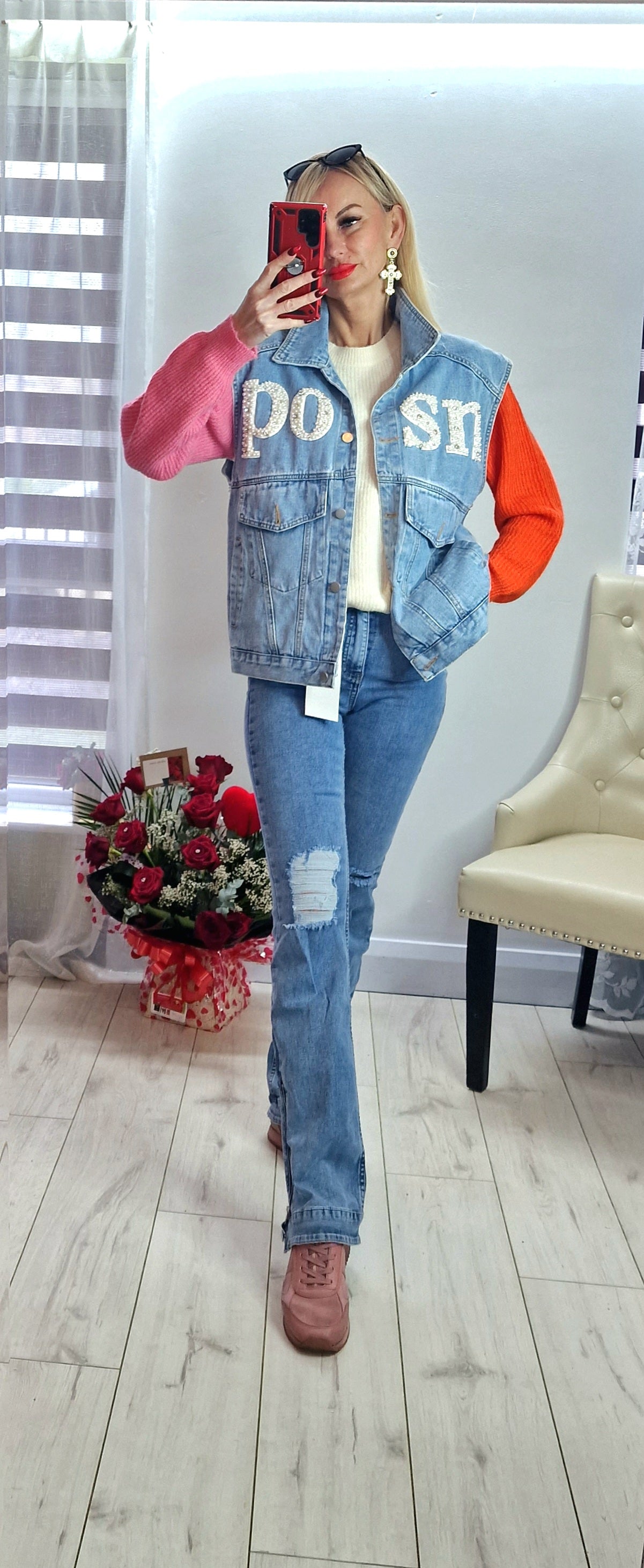 Denim Jacket With Pearls From Paris