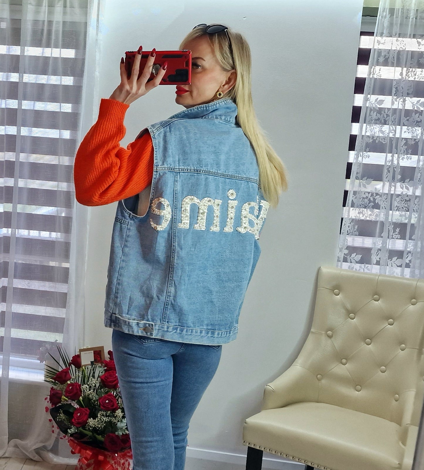 Denim Jacket With Pearls From Paris