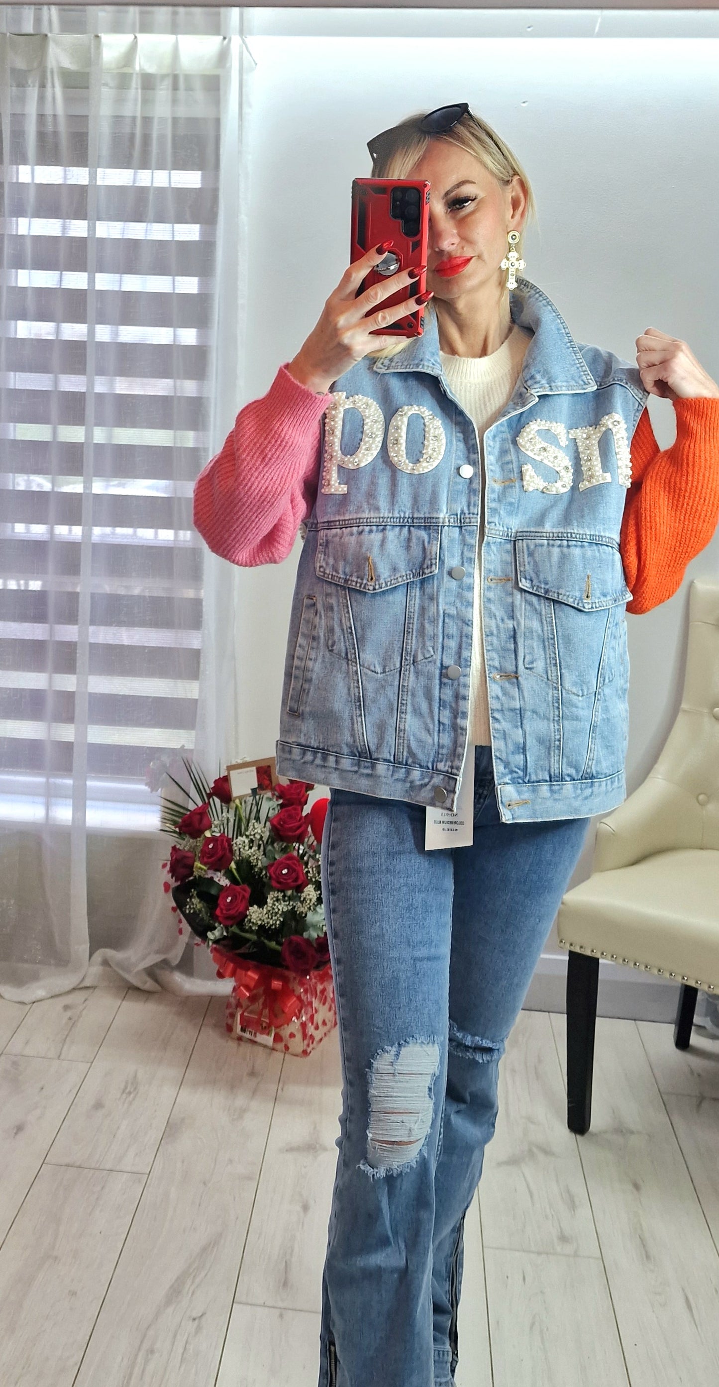 Denim Jacket With Pearls From Paris
