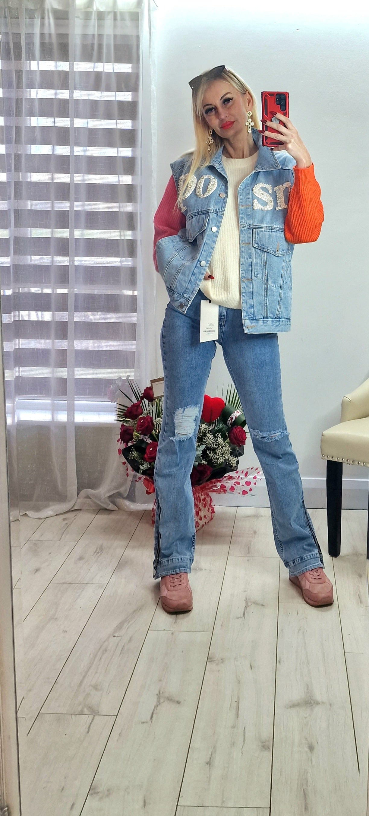 Denim Jacket With Pearls From Paris