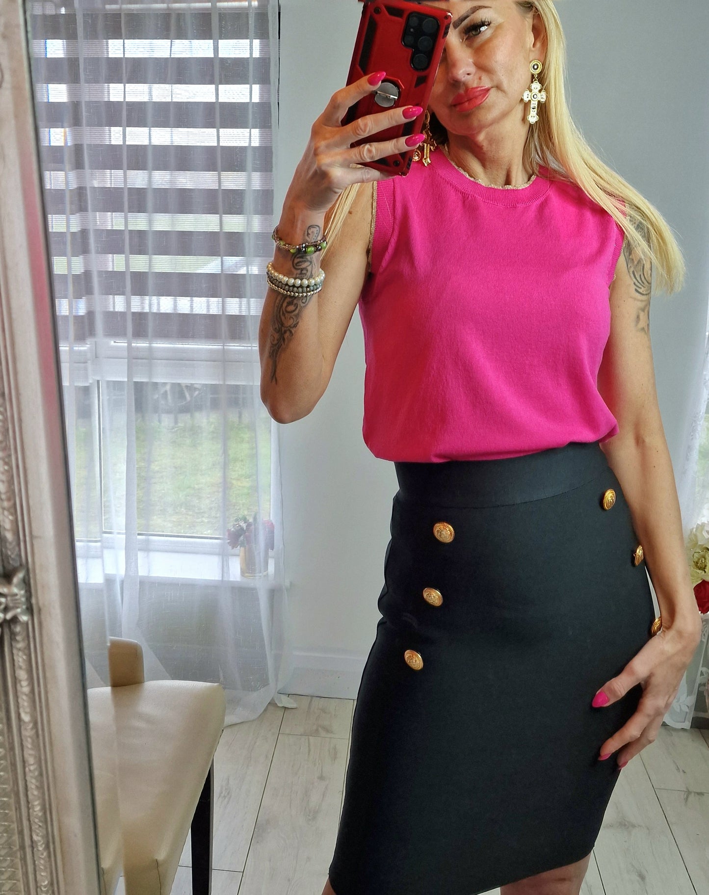 Light Sweater Top With Gold Buttons on Right Side